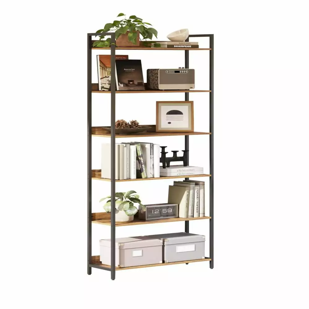 6 Tier Tall Wooden Bookcase Open Storage Shelf Living Room Bedroom Office Den 11.5 x 29.9 x 72.6 Inch FHWMDG54