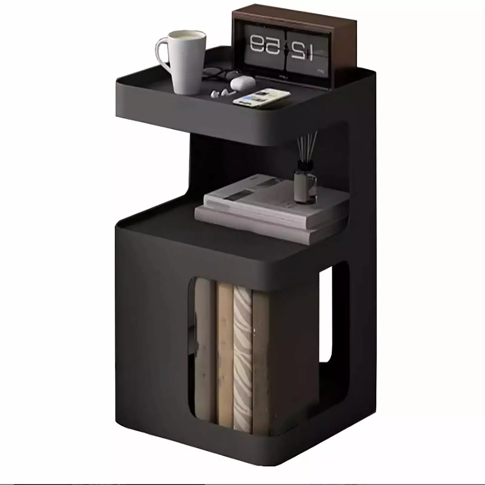 Tree Bookcase Storage Drawers 4-Tier Floor Standing Narrow Bookcase Organizer Bedroom Living Room Corner Brown FHWMLYT