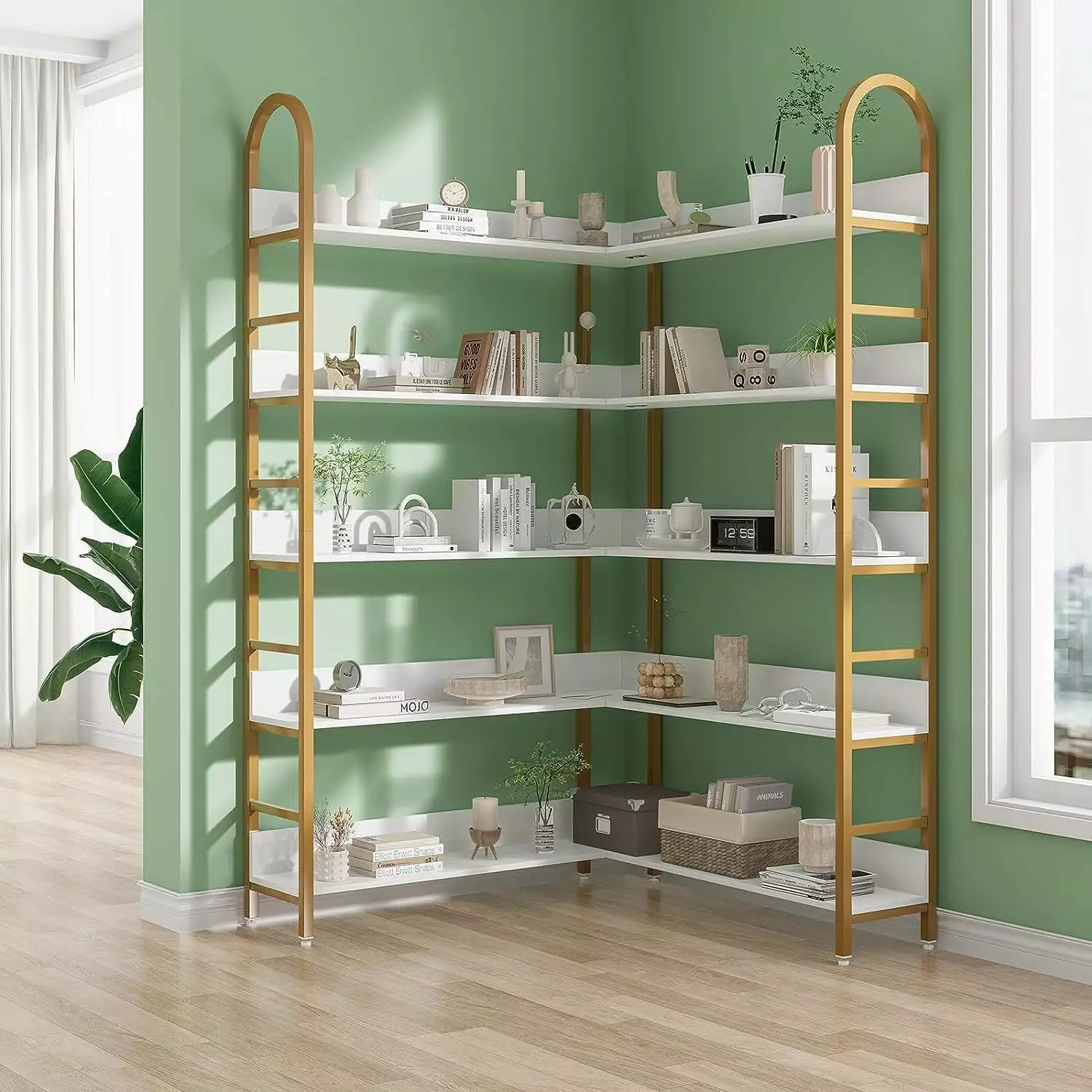 White and Gold 5-Tier L-Shaped Corner Bookshelf Modern Freestanding Bookcase Living Room Bedroom Home Office FJU