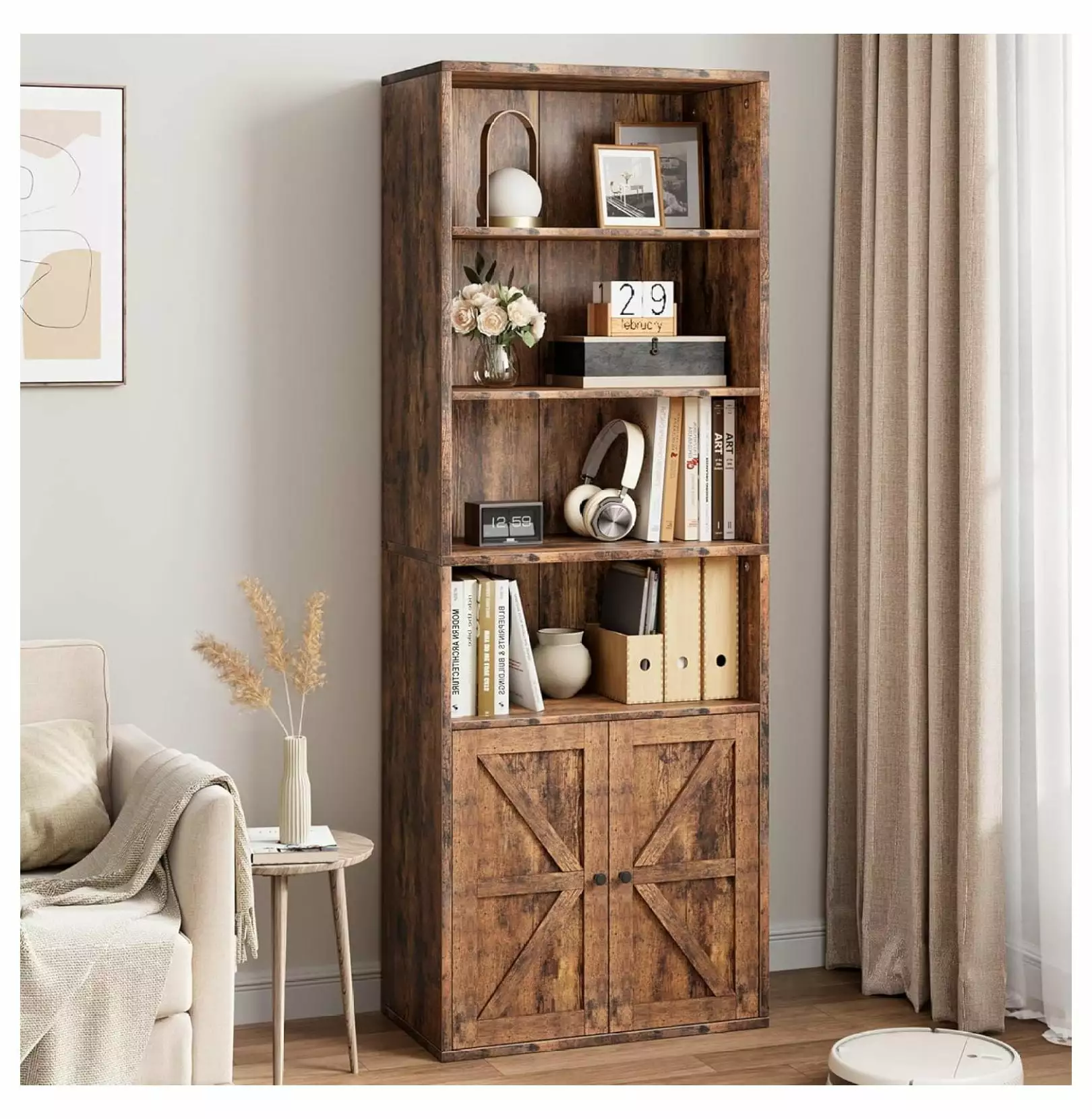 Industrial Bookshelf Doors - 71.4in Tall Farmhouse Bookcase - 6 Shelf Storage Generic