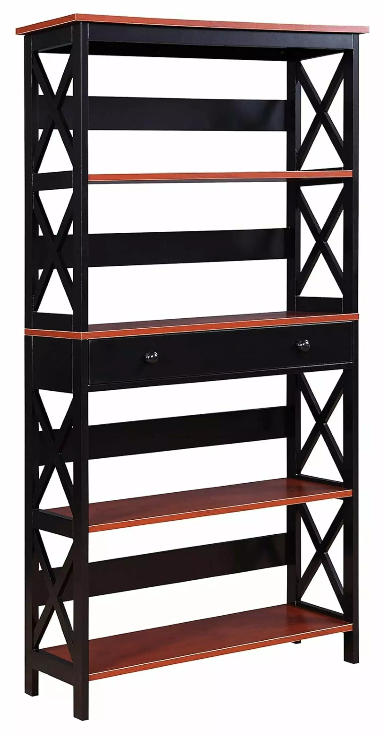 5 Tier Bookcase Drawer Cherry Black Freestanding Storage Shelf Generic