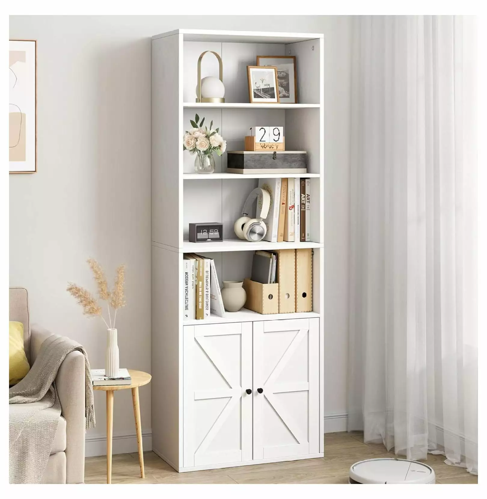 White Industrial Bookshelf Doors - 71.4in Tall Farmhouse Bookcase - 6 Shelf Storage Generic