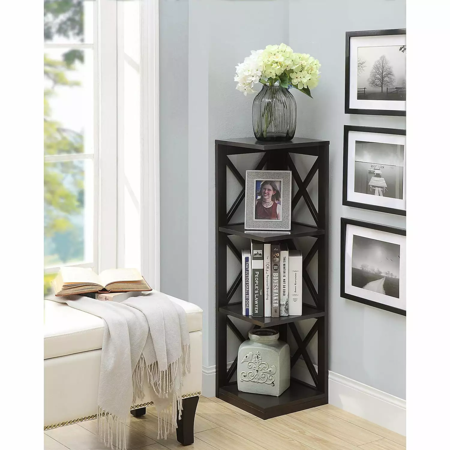 HomeStock Antique 3 Tier Corner Bookcase Vintage Style Storage Shelf Living Room