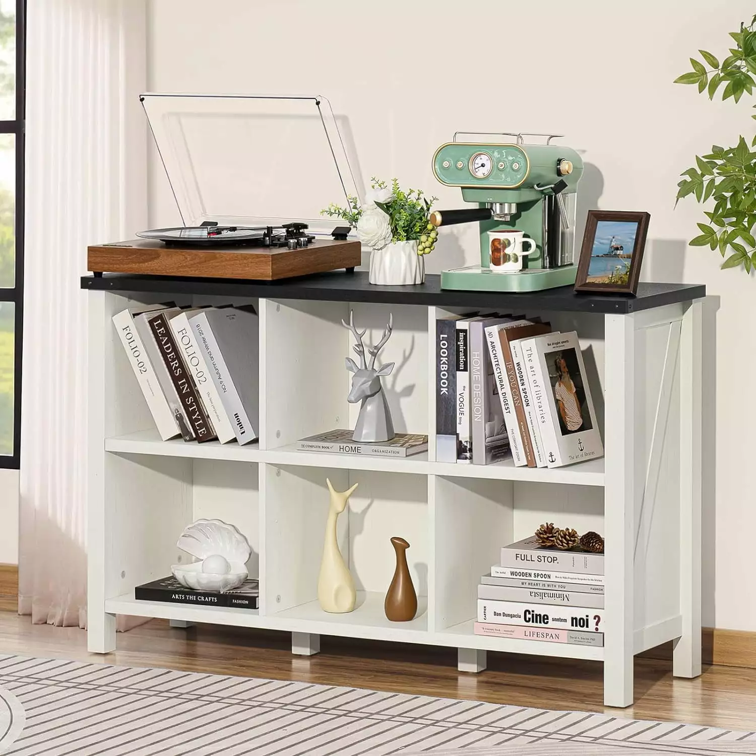 Farmhouse 6 Cube Bookshelf Antique White & Black Wooden Storage Organizer Book Shelf 47 Cubby Hallway Bookcase Kids Toy St...