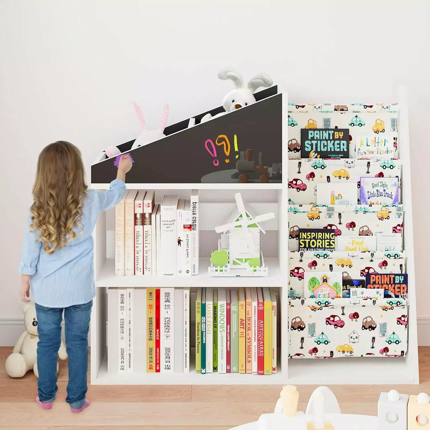 Jolly Jaunts Kids Bookshelf Blackboard Child Bookcase Wood Toy Storage Organizer Book Display Baby Sling Book Rack Nursery...