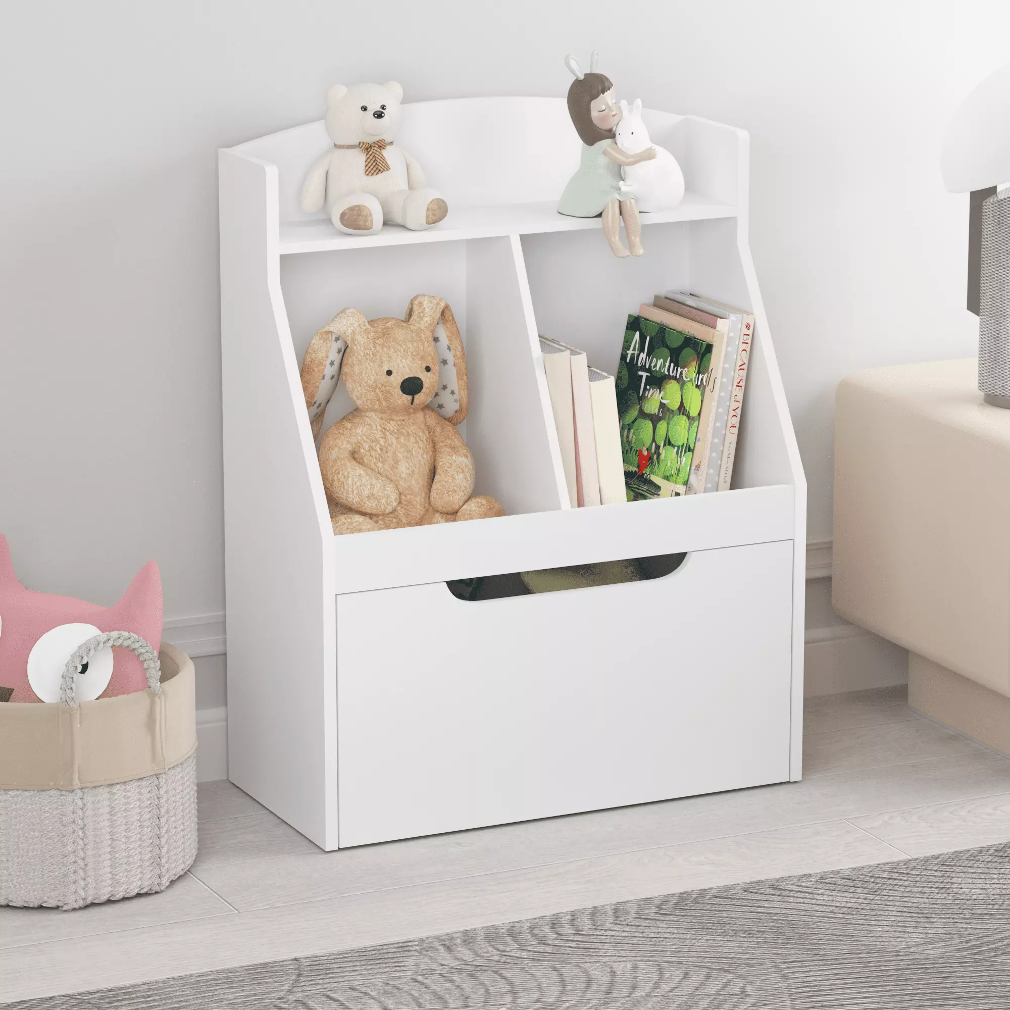 Kidsbuddy Kids Bookshelf Drawer and Wheels White Wooden Toy Storage