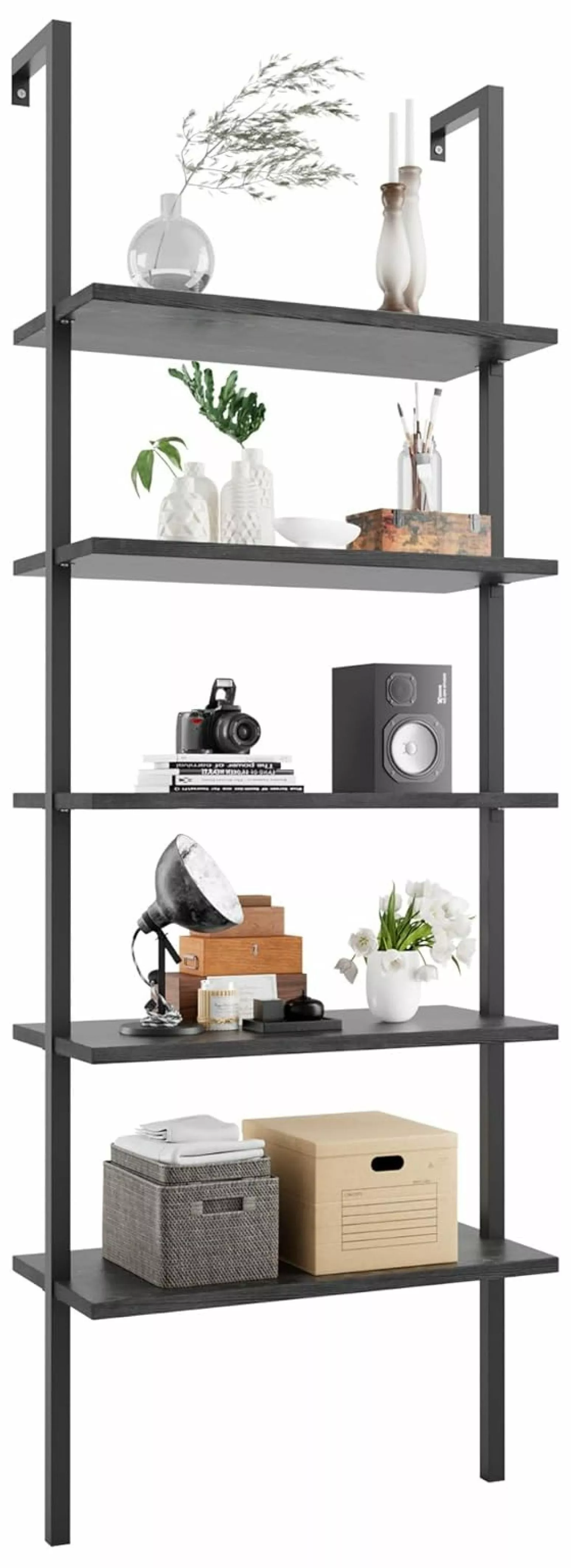 Killeryuki 5-Tier Bookshelf Wall Mount Ladder Bookcase Industrial Standing Corner Shelf Black