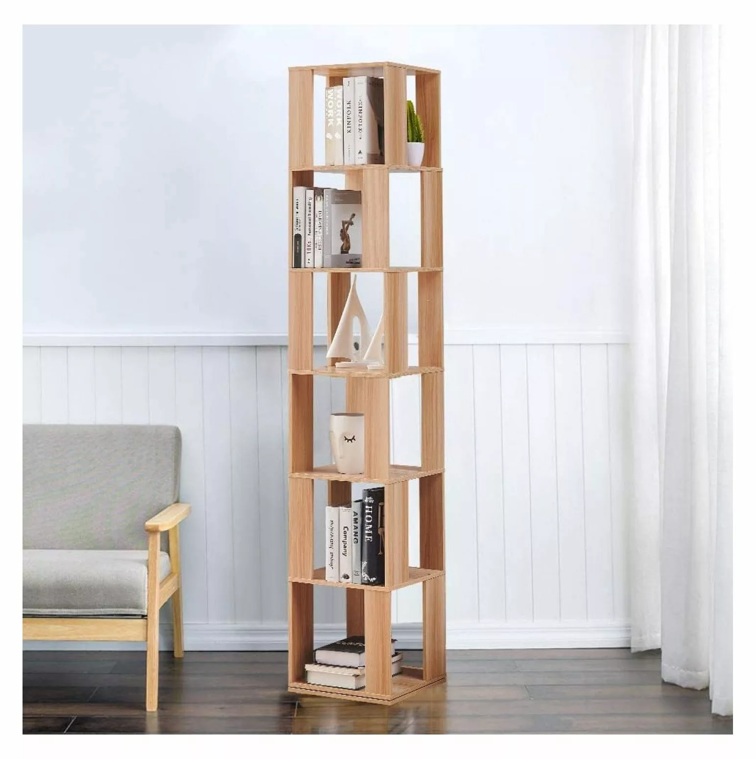 Killeryuki 6 Tier Rotating Bookshelf Tower Golden Walnut 360 Floor Standing Revolving Bookcase Living Room Bedroom Home Of...