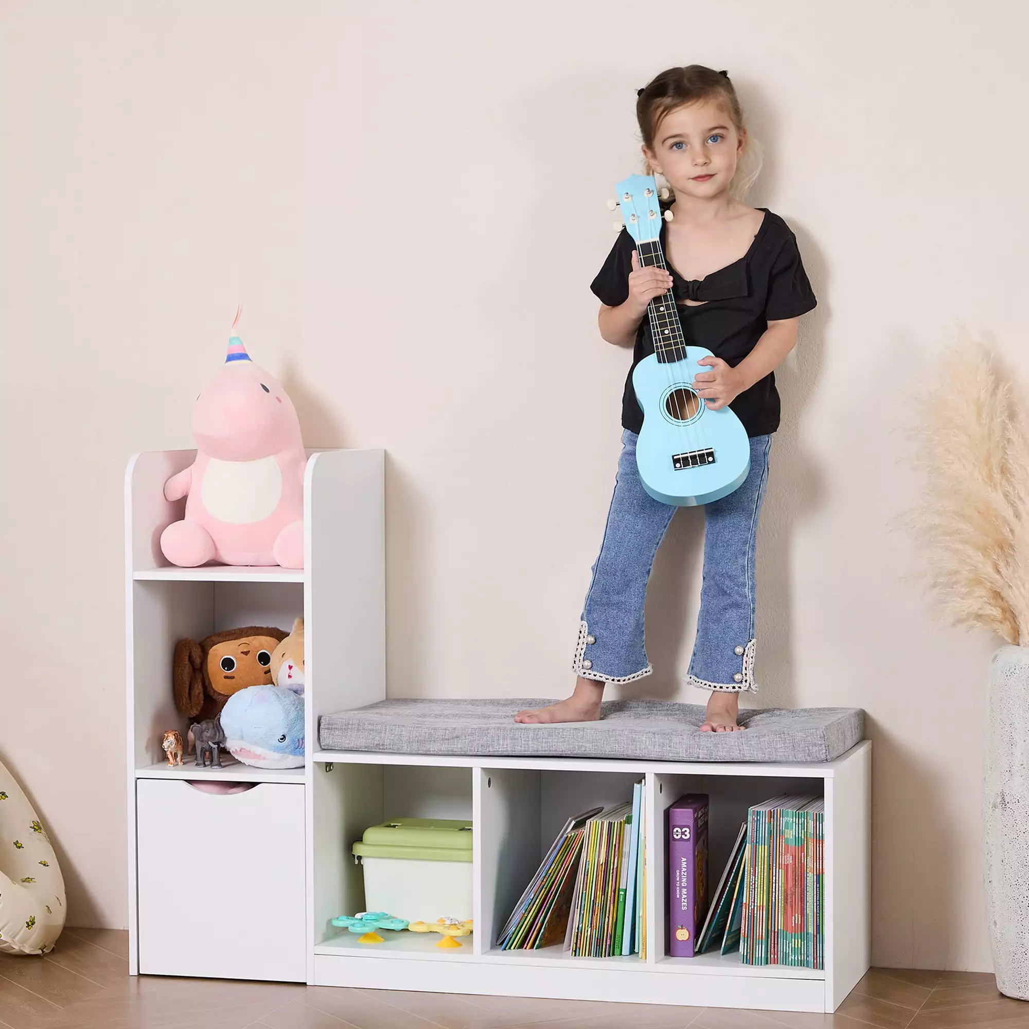 Kids Reading Nook Storage Kids Bookshelf Bench Wooden Toy Organizer LEZASTAR