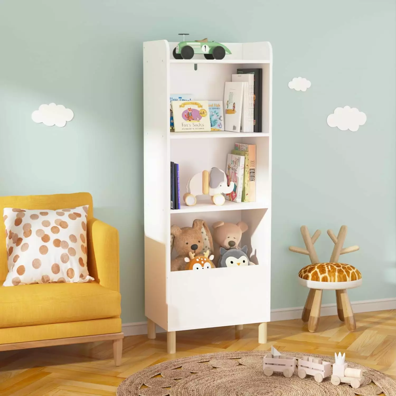 Kids Bookshelf Toy Storage Organizer 4-Tier Multi-Functional Bookcase Playroom Bedroom Living Room Classroom White Maylaviu