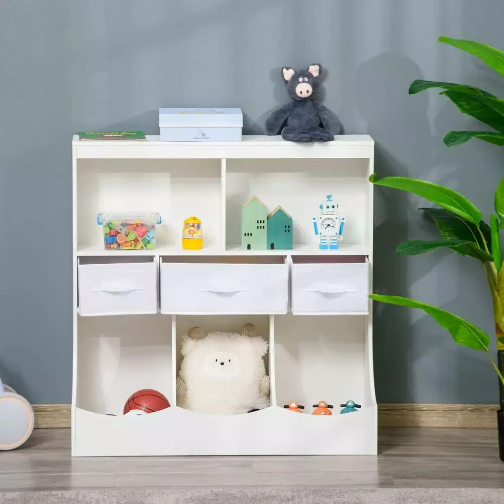 MIDODO Kids Bookcase Wooden Toy Storage Organizer 5 Cubby and Drawers Books