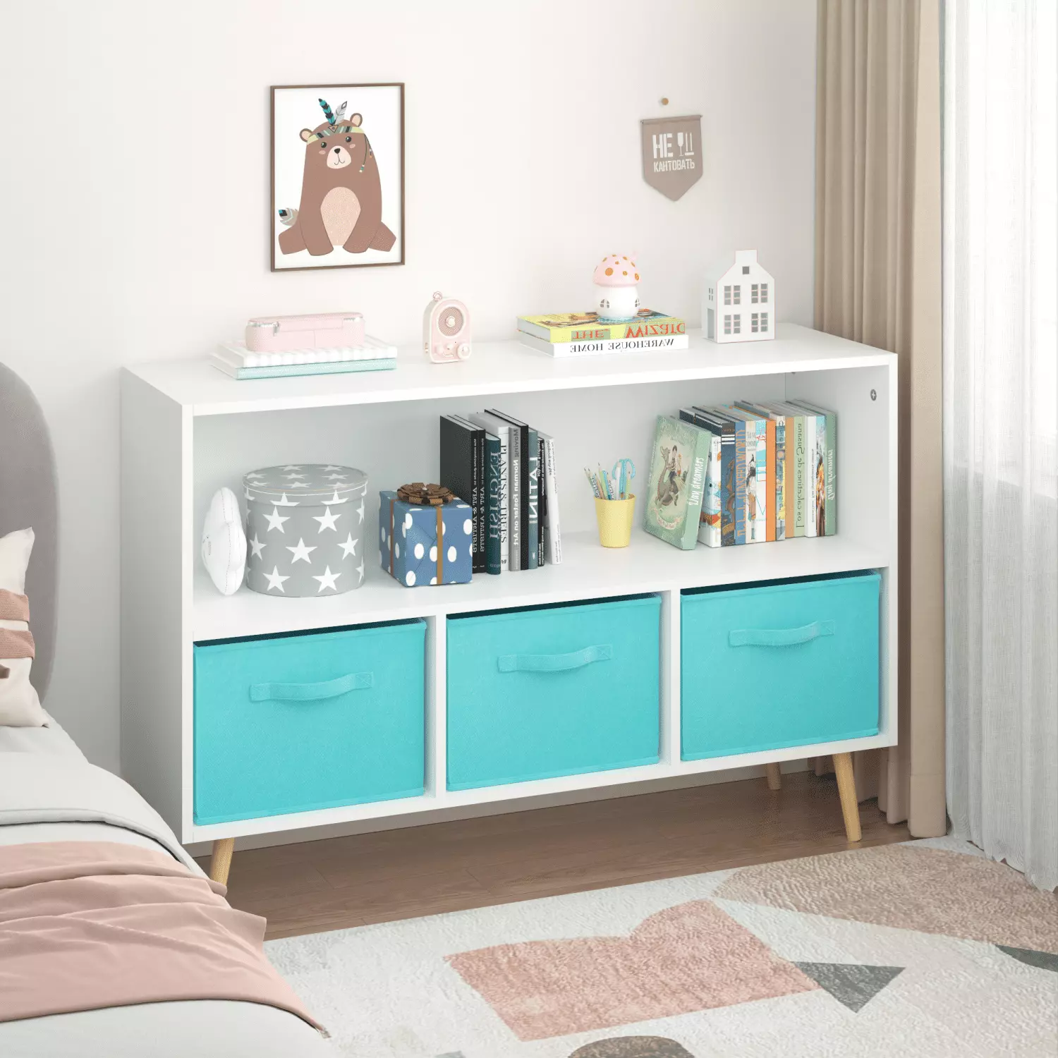 MISSUNNY Kids Bookcase Collapsible Fabric Drawers Toy Storage Cabinet Organizer Playroom Bedroom Nursery