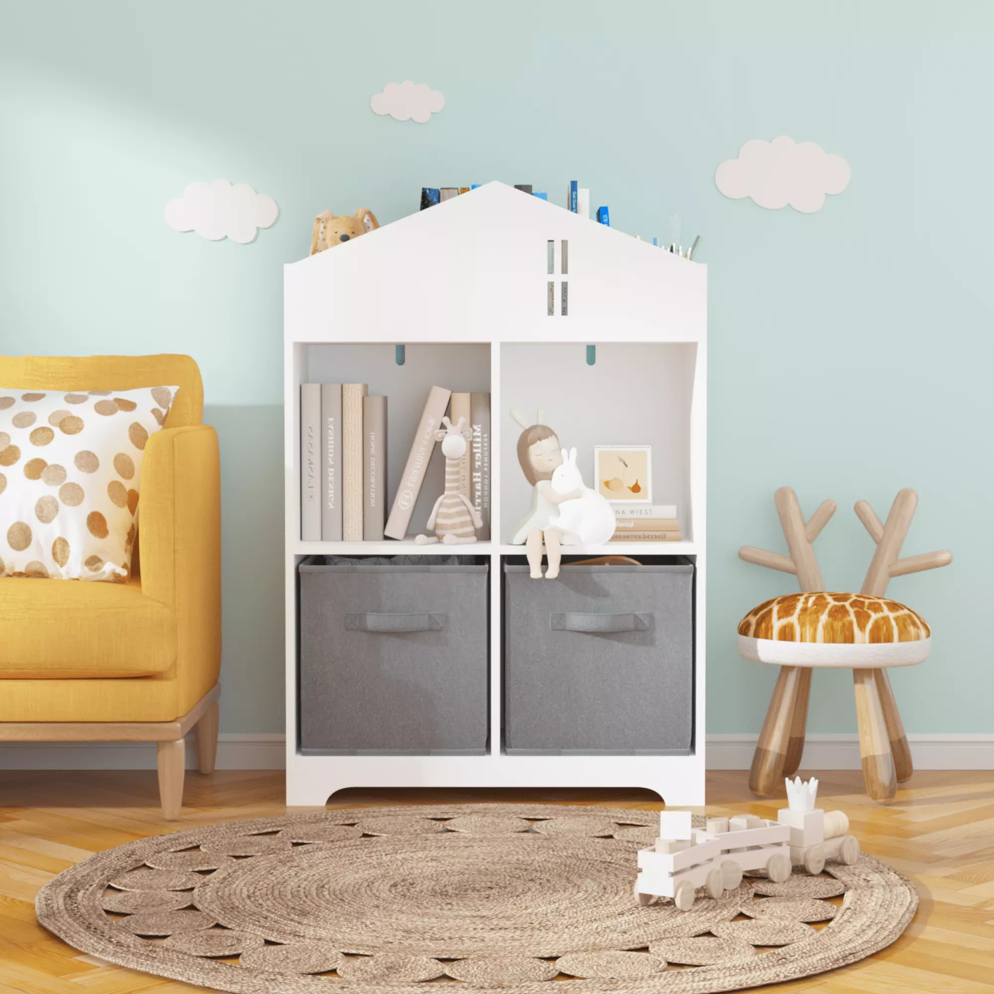 Newboti Furniture Kids Dollhouse Bookcase Storage 2-Tier Display Organizer Fabric Drawers