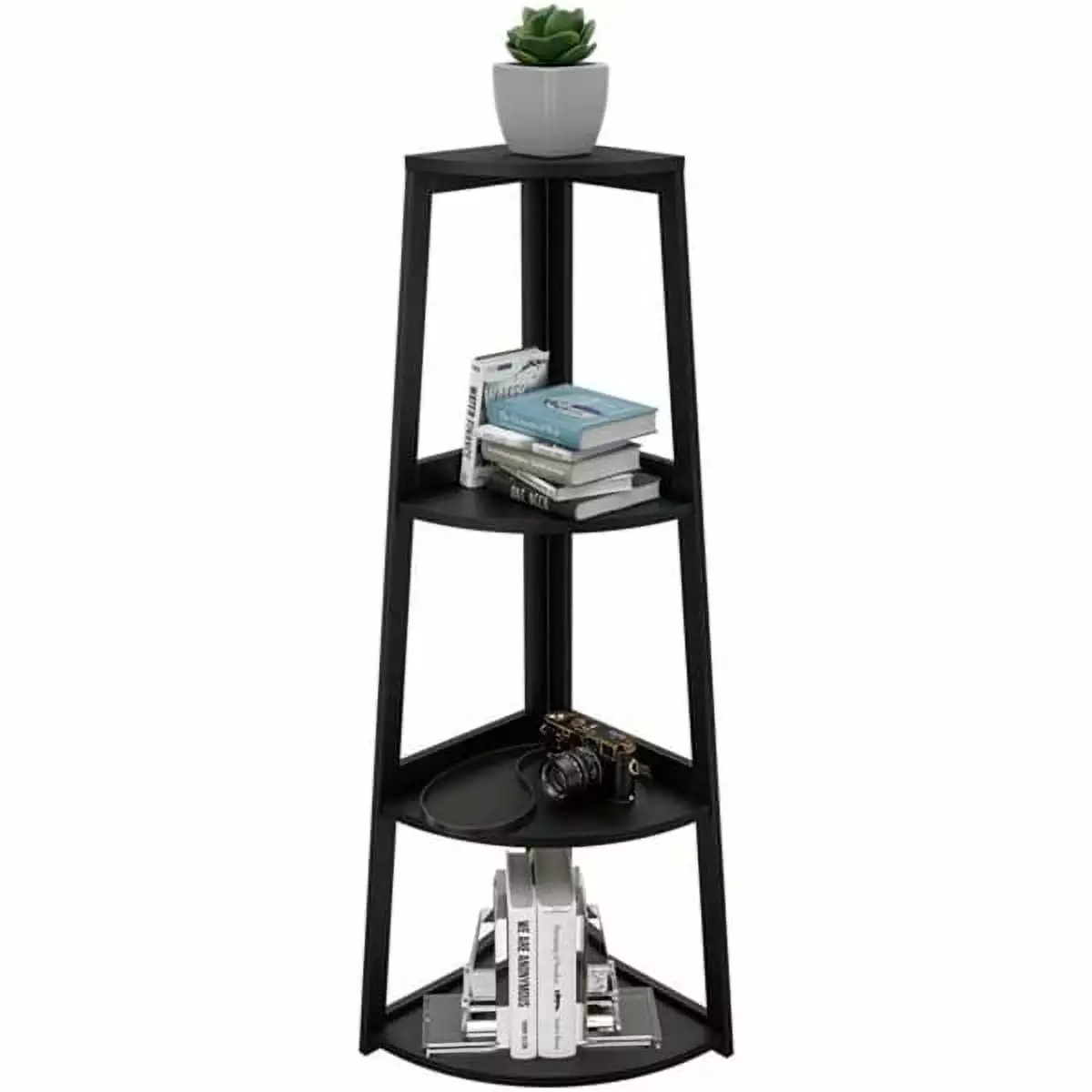 PENGXIANG 4-Tier Bamboo Corner Bookshelf 47.2 Inch High Open Ladder Bookcase Black