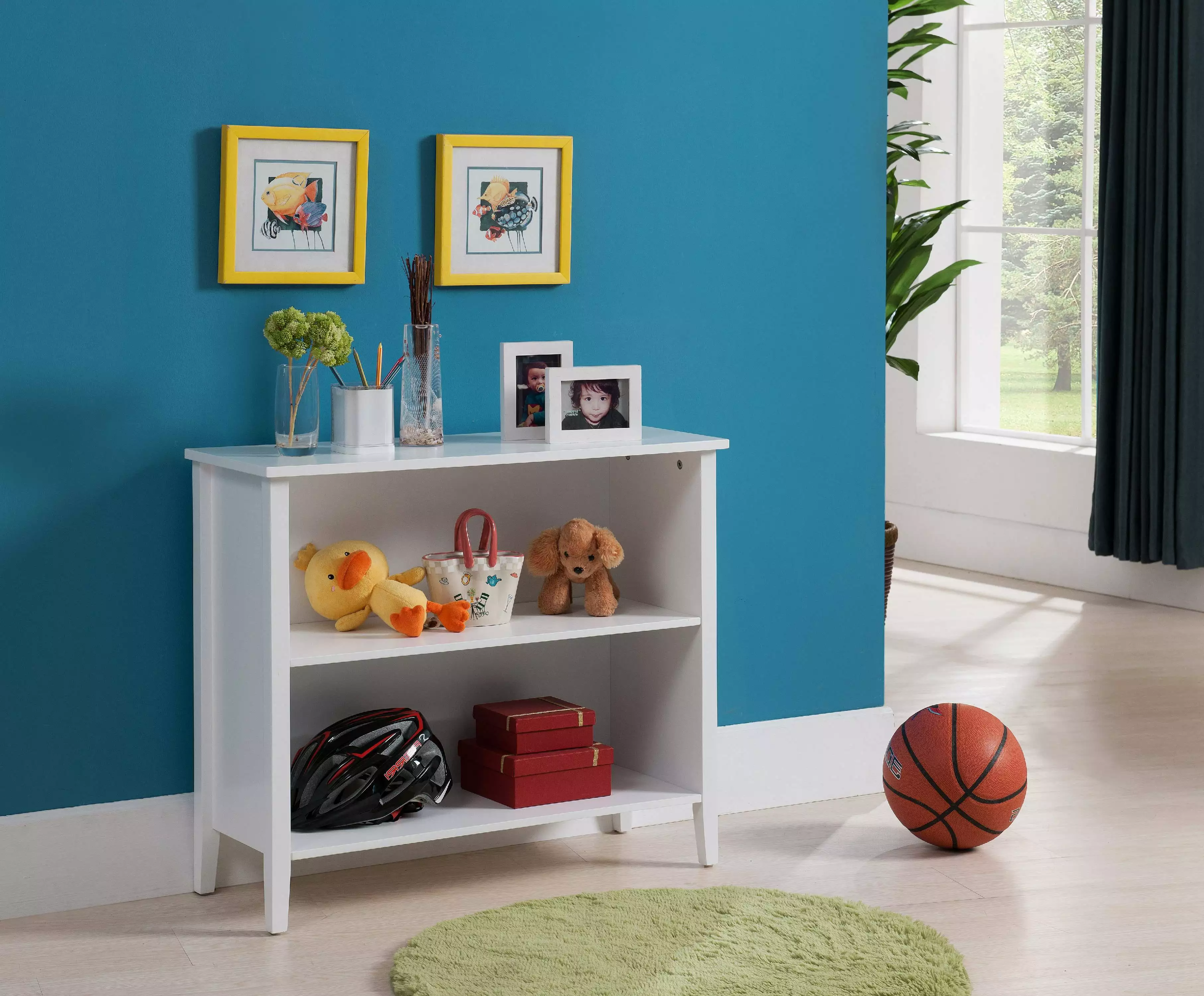 Daren White Wood Contemporary 2 Tier Shelf Kids Bookcase Storage Organizer Pilaster Designs
