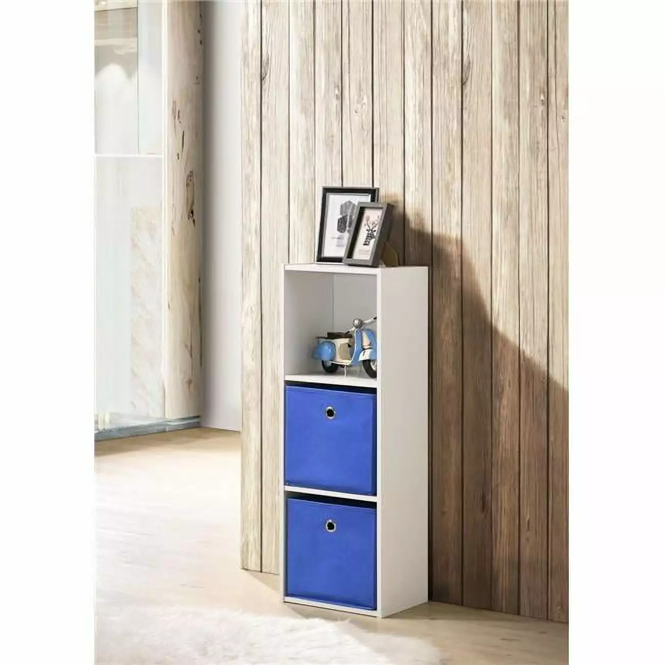 36 Inch 3-Shelf Bookcase Fabric Baskets White Composite Cube Organizer Procomfort