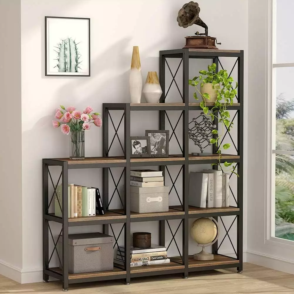 5-Tier Industrial Ladder Bookshelf 9 Cubes, Rustic Brown Stepped Etagere Bookcase Home Office Display Puapli