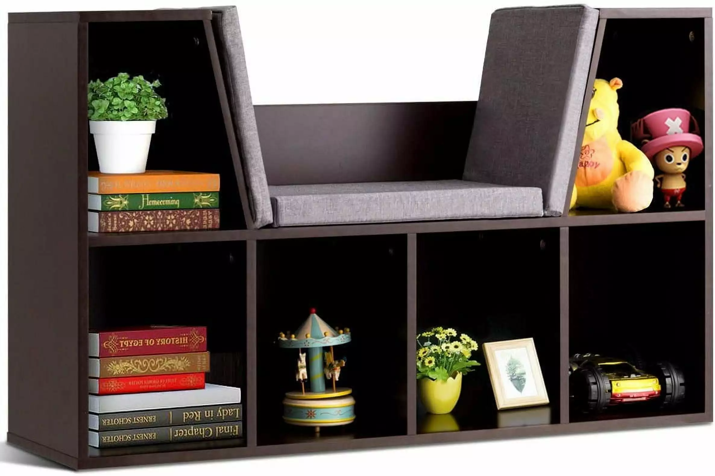 QIANGLING 6-Cubby Kids Bookcase Cushioned Reading Nook Multi-Purpose Wooden Toy Storage and Organizer Cabinet