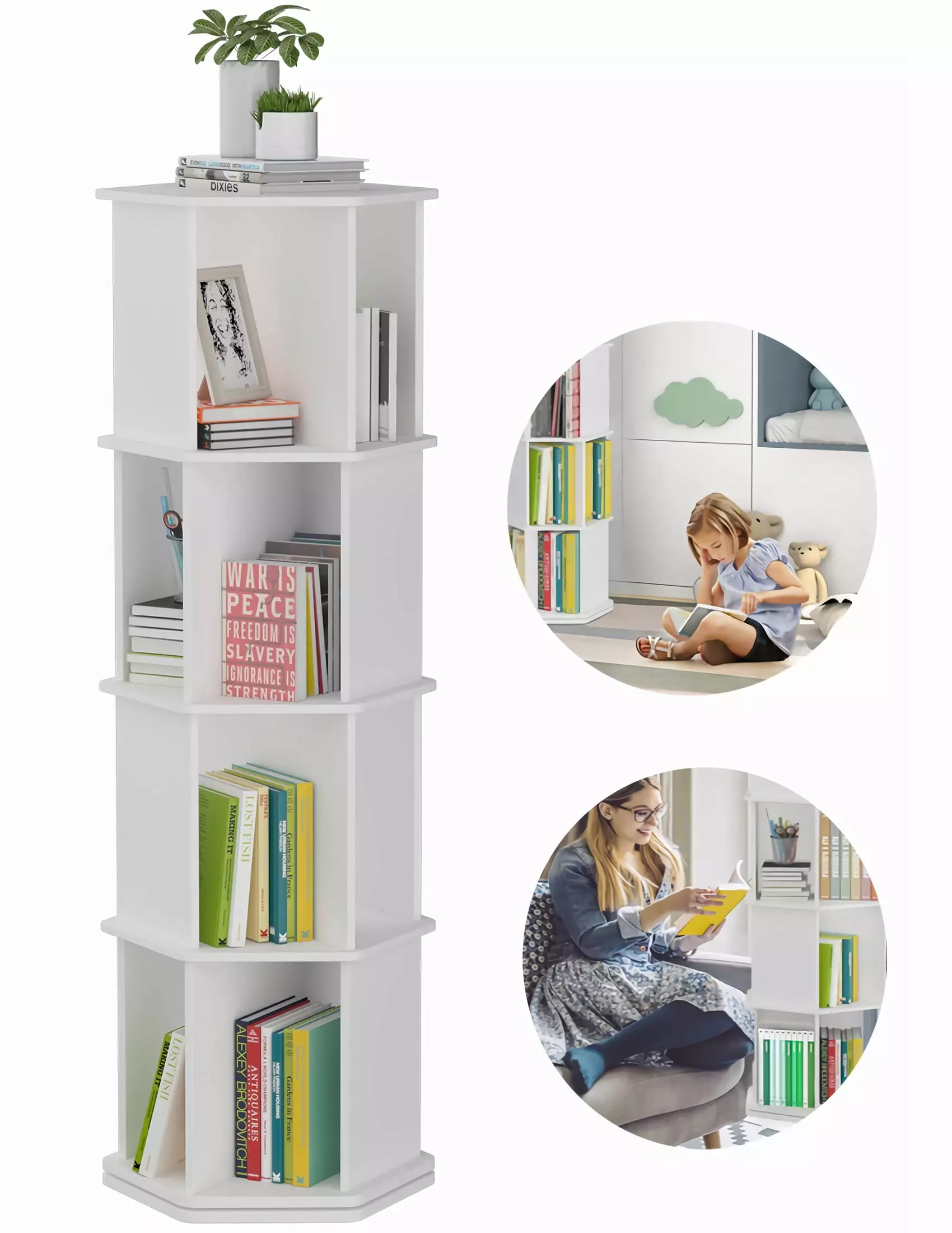 Qunbio 4 Tier Rotating Bookshelf 360 Revolving Bookcase Stackable Storage Display Rack Kids Adults White