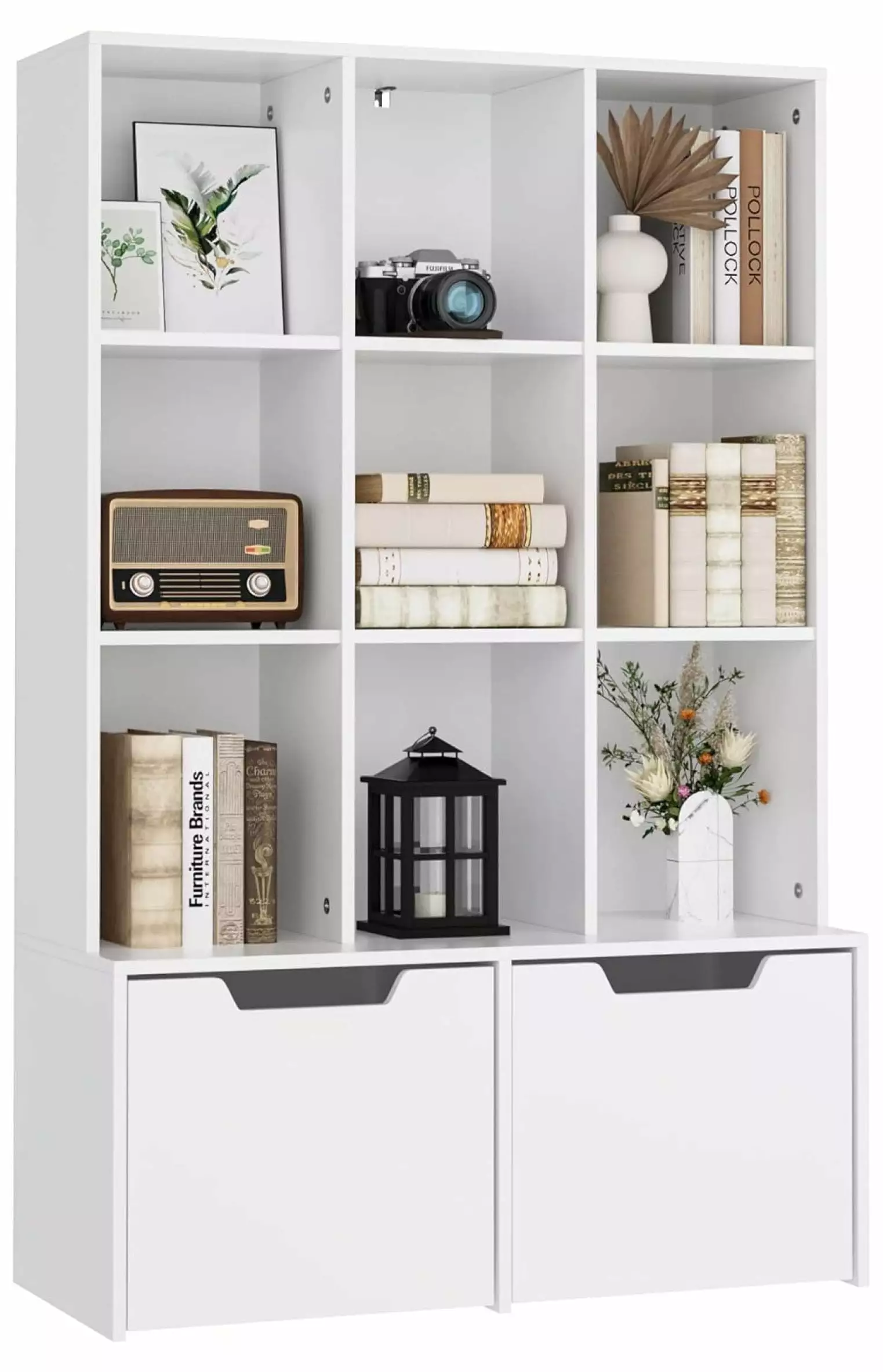 Cube Bookshelf 55.1 H Bookcase Storage Cabinet Wooden 9 Compartments and 2 Large Drawers Home Office Living Room Kids Whit...