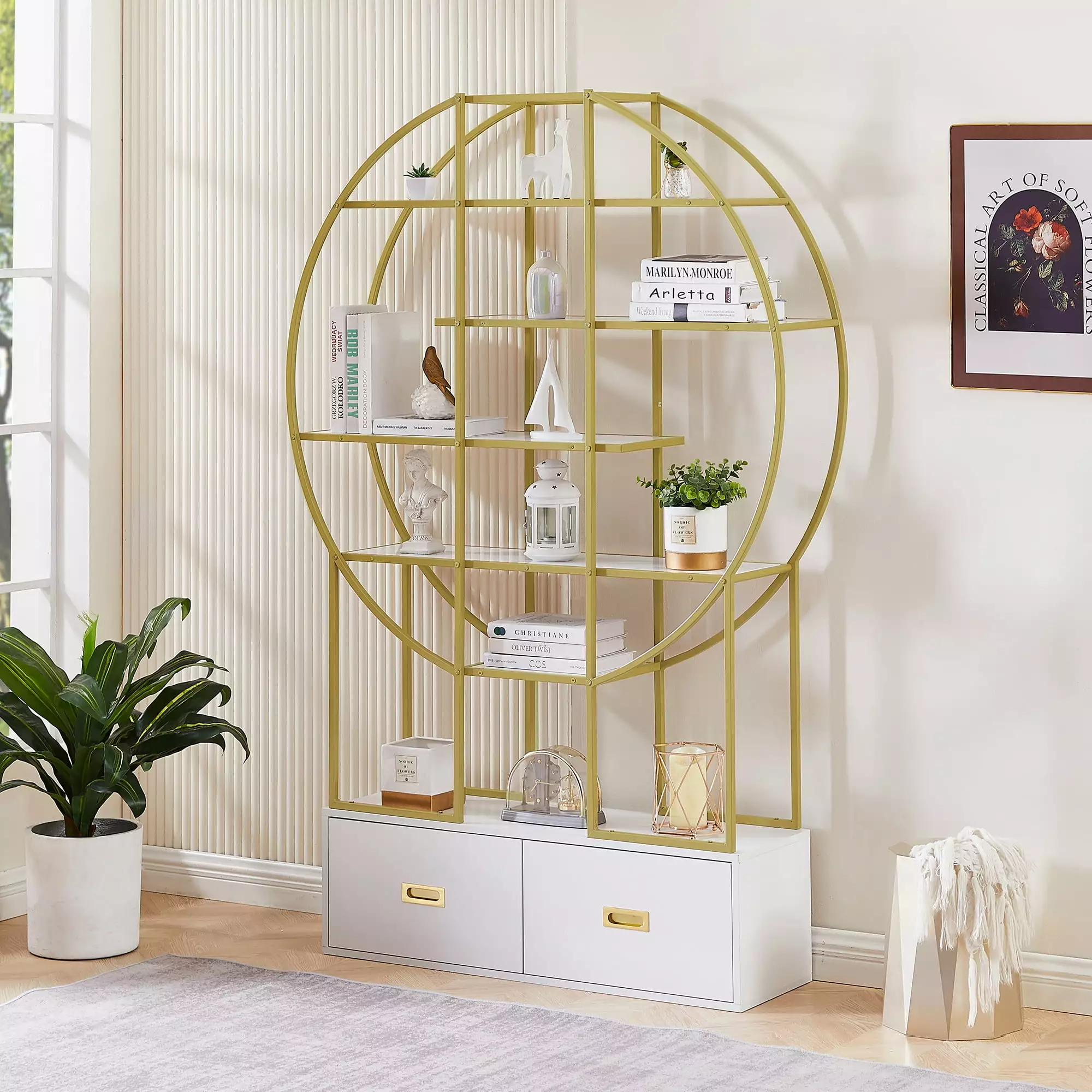 70.8 Inch Round Office Bookcase Two Drawers and Gold Frame Display Shelf SMHZ