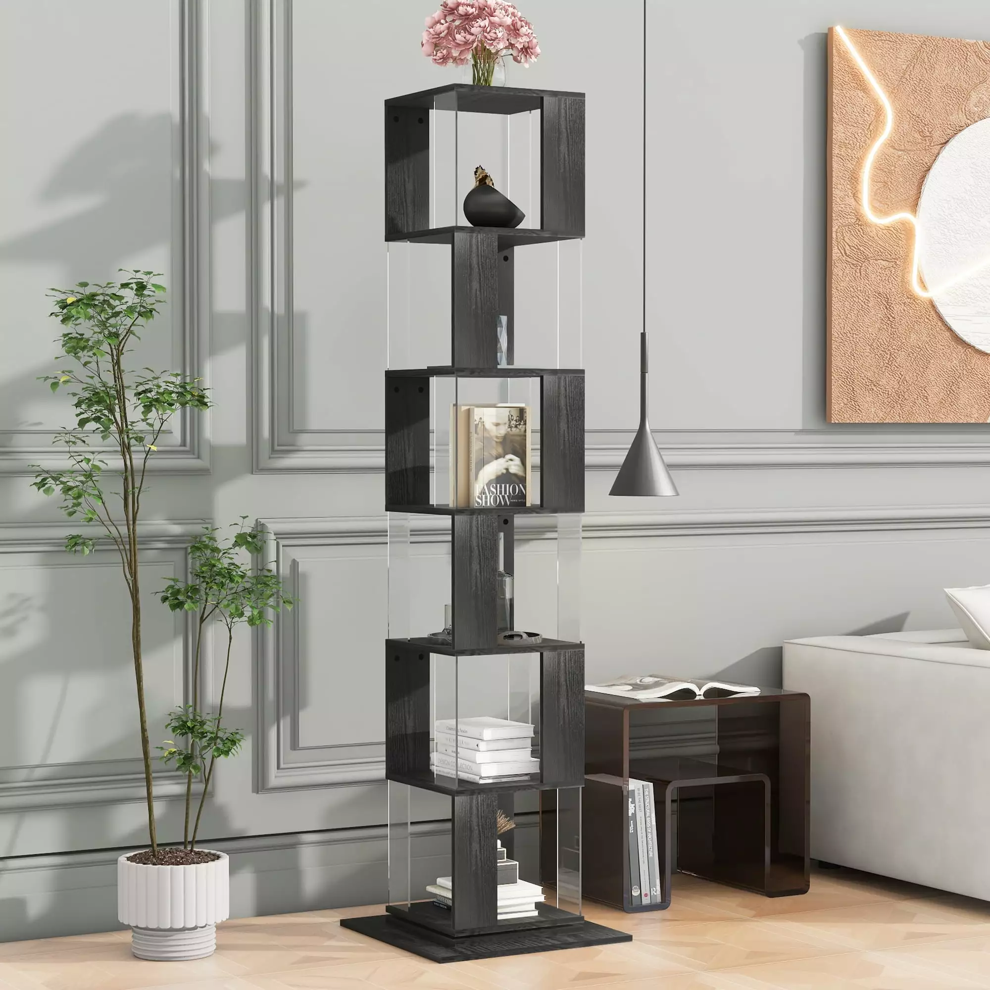 6 Tier Rotating Bookshelf Floor Rack Acrylic Plate Multi-Function Bookcase Living Room Anti-Toppling Base SMHZ