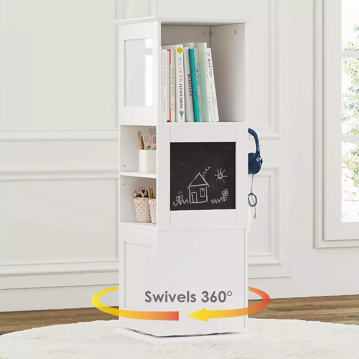STAROUS Kids Rotating Bookshelf Tower Revolving Bookcase Blackboards and Hooks