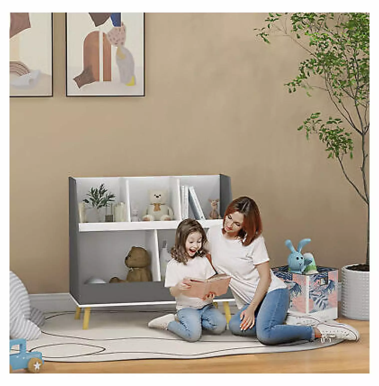 Studyli 2 Tier Kids Bookcase Toy Shelf 5 Compartments Gray