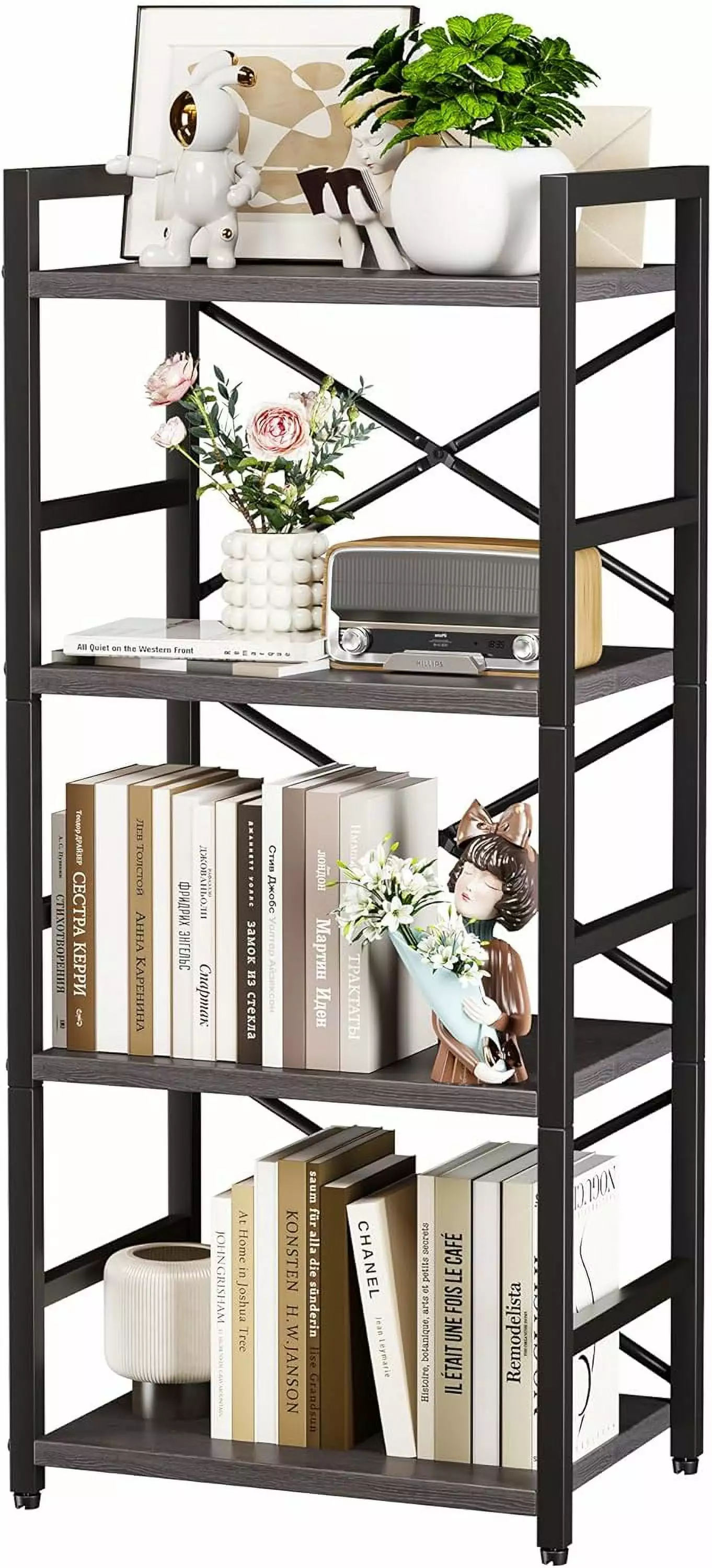 Grey Bookshelf 4 Tier Small Bookcase Metal Shelf CD Movie Book Storage Bedroom Kid's Room Grey TRAHOO