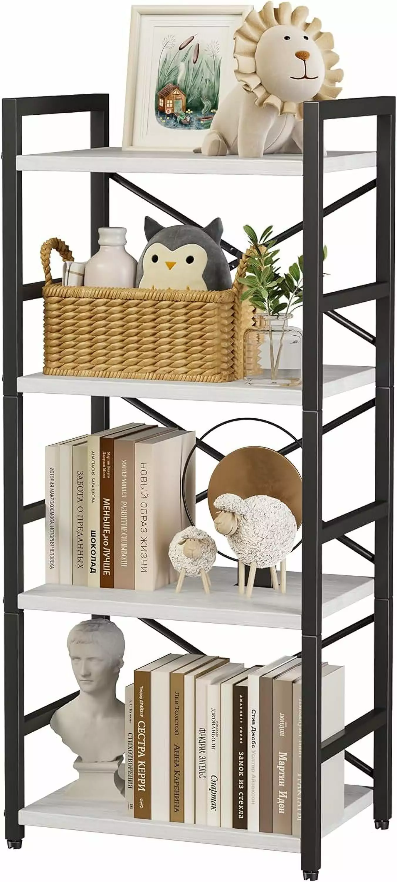 White Bookshelf 4 Tier Small Bookcase Metal Shelf CD Movie Book Storage Living Room Kid's Room White TRAHOO