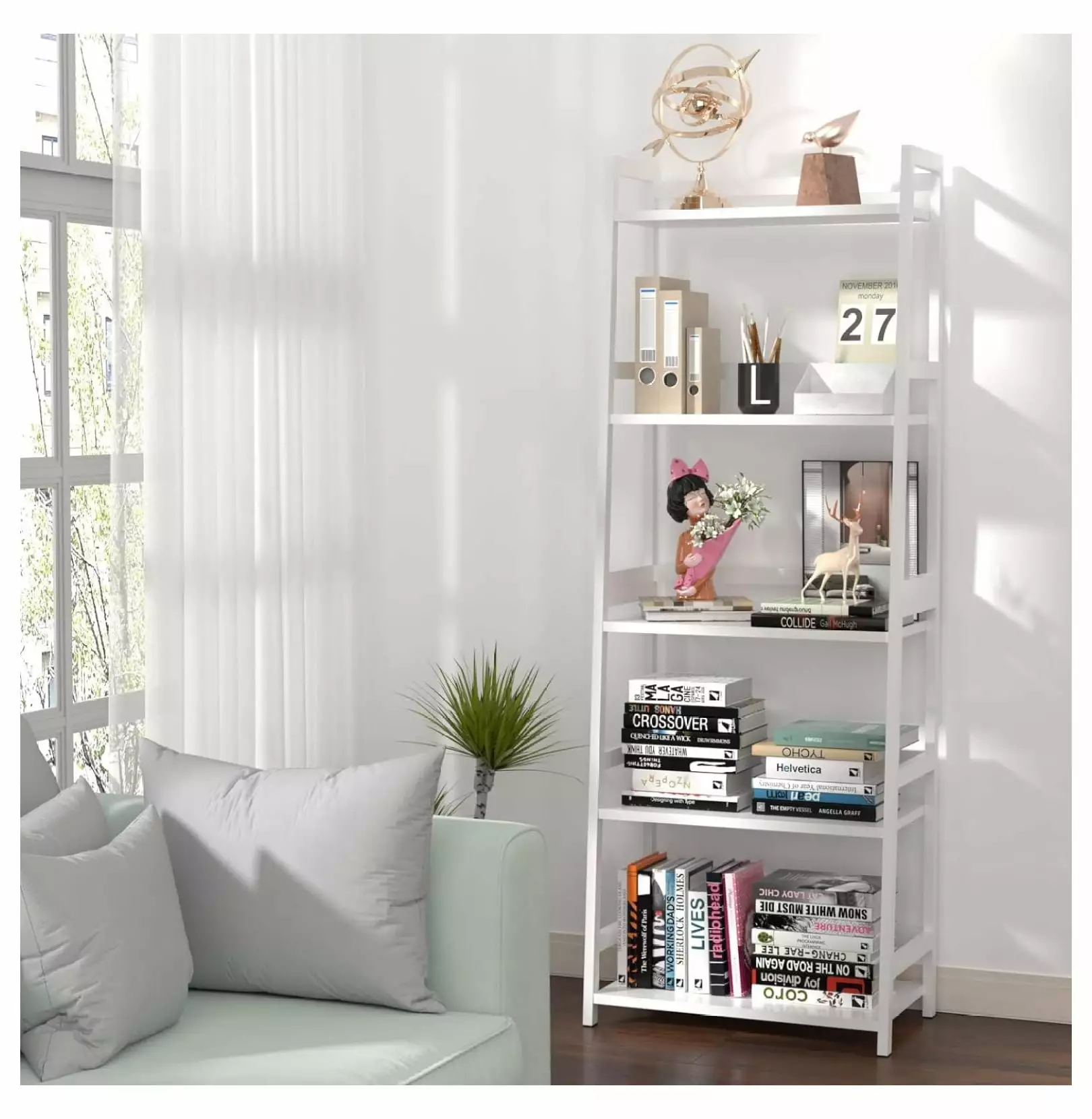 White Bookshelf Bamboo Ladder Shelves 5 Tier Tall Bookcase Open Storage Shelves Small Spaces