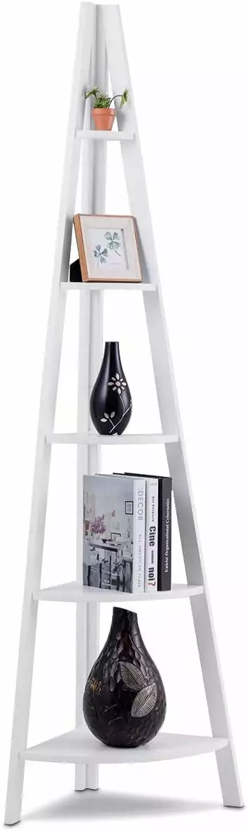 5-Tier Corner Bookcase Ladder Bookshelf Fan-Shaped Shelves White Home Office Furniture WRP