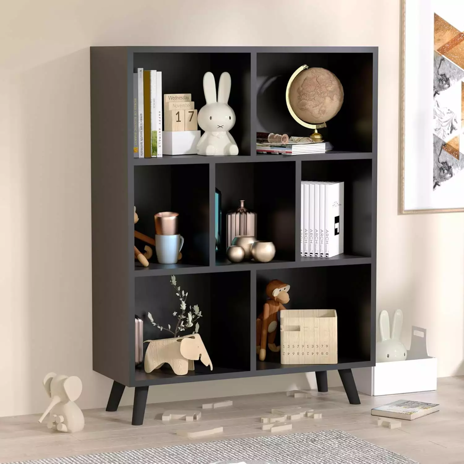 Black Mid-Century Modern 3-Tier Bookshelf 7 Cube Wood Bookcase Legs Minimalist Kids Bookcase WRP