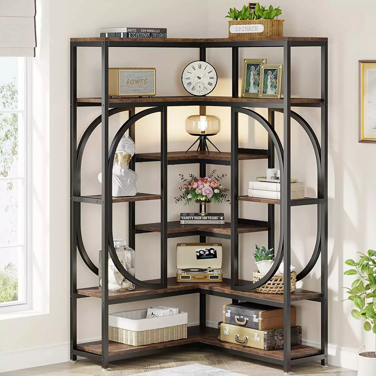 XINGAN 7-Shelf Corner Bookshelf Large Modern Bookcase Tall L-Shaped Shelf Stand Metal Frame Rustic Brown