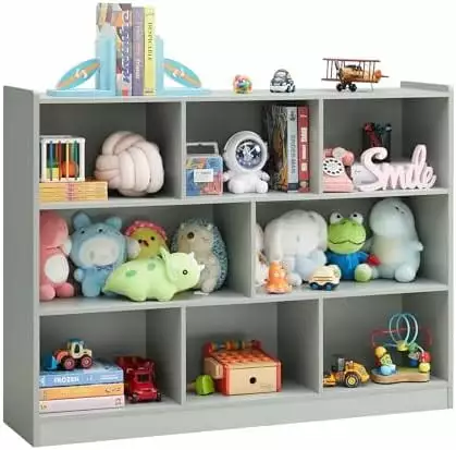 3-Tier Bookshelf 8-Section Wooden Bookcase Storage Organizer Anti-Tilt Device Living Room Classroom Kids Room Grey XINZHEN