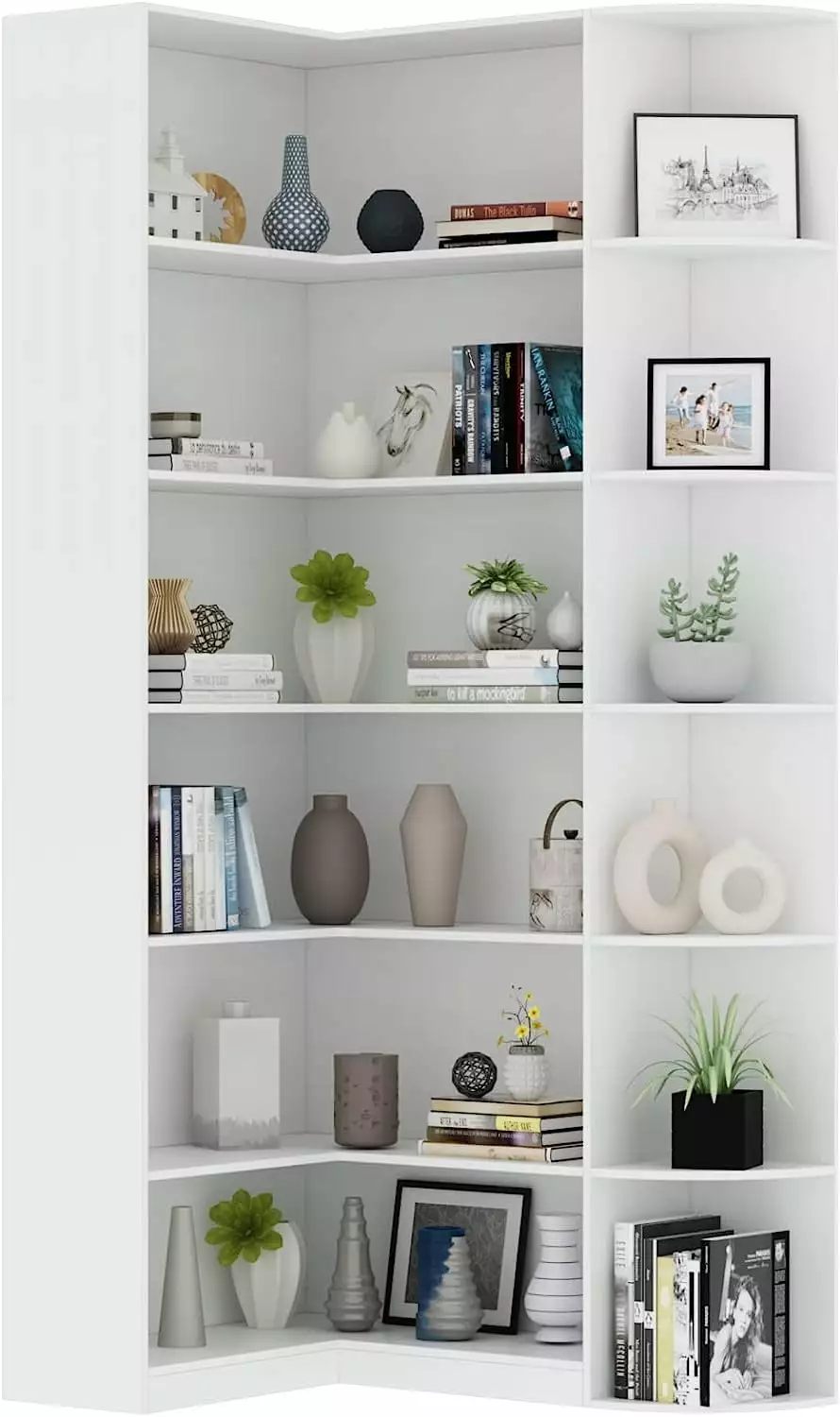 White Book Shelf 6-Tier Large Tall Corner Etagere Bookcase Full Baffle L-Shaped Industrial Design XINZHEN