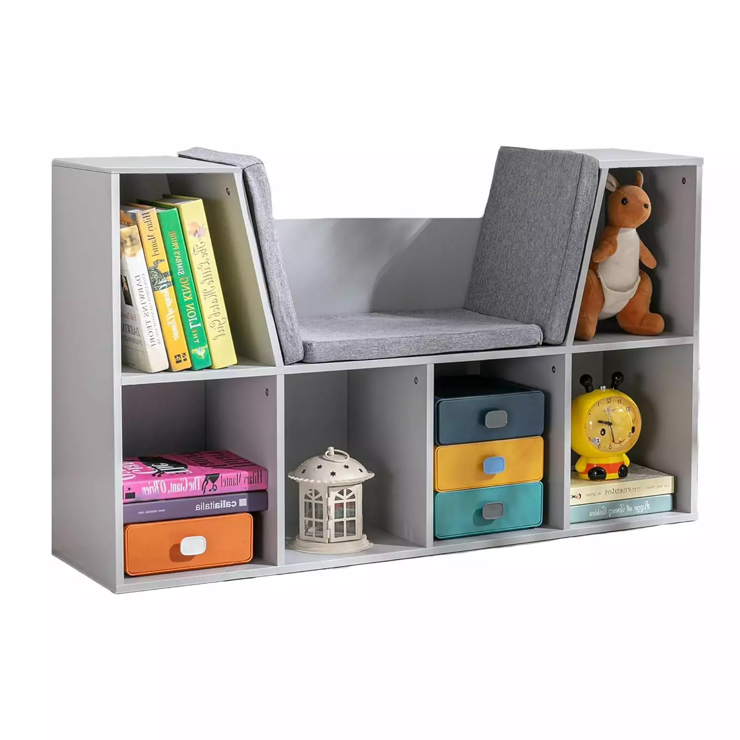 6-Cubby Kids Bookcase Reading Nook and Cushion Multi-Purpose Storage Organizer Grey YOJFOTOOU