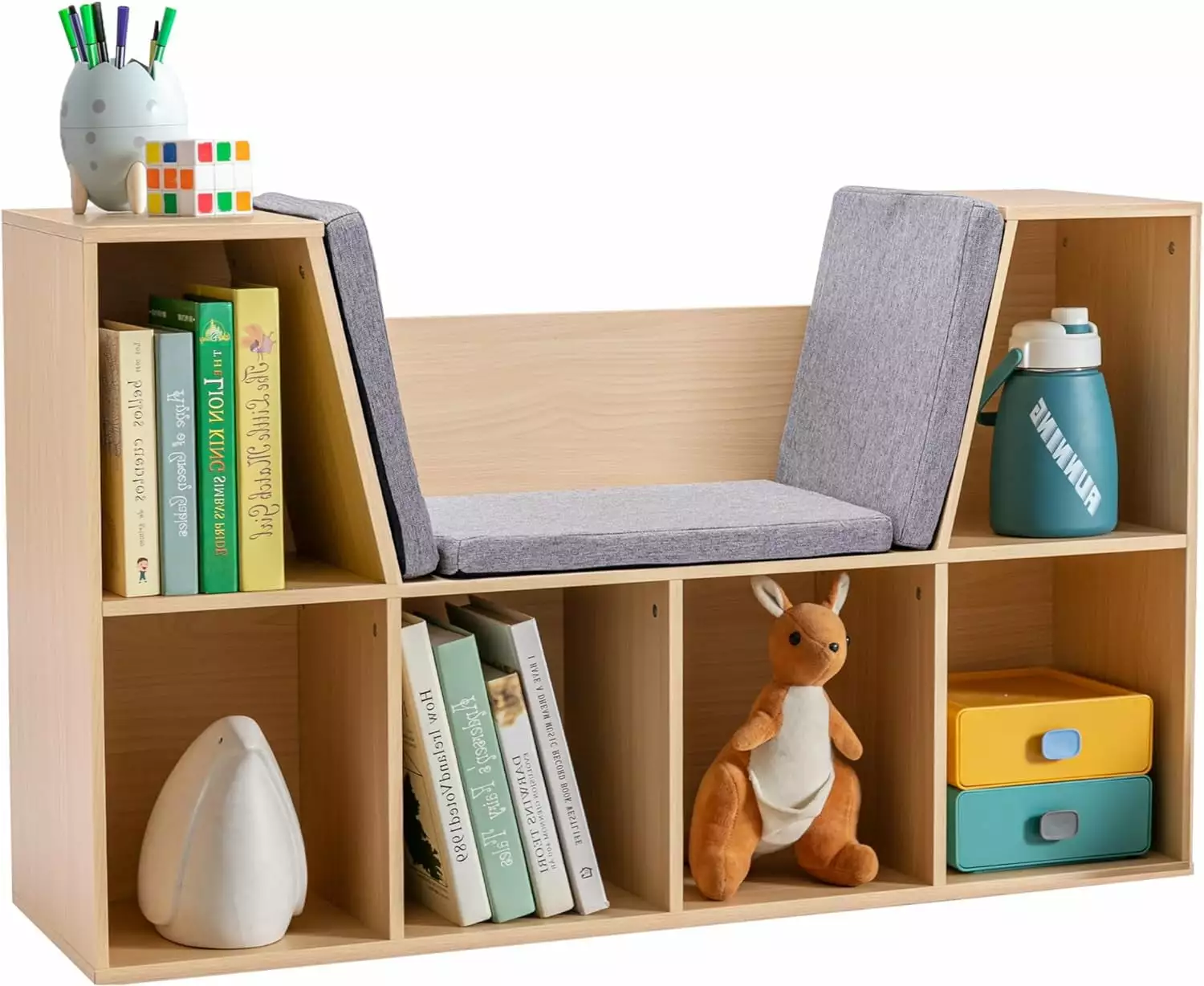 6-Cubby Kids Bookcase Reading Nook and Cushion Multi-Purpose Storage Organizer Bedroom Living Room Natural Wood YOJFOTOOU
