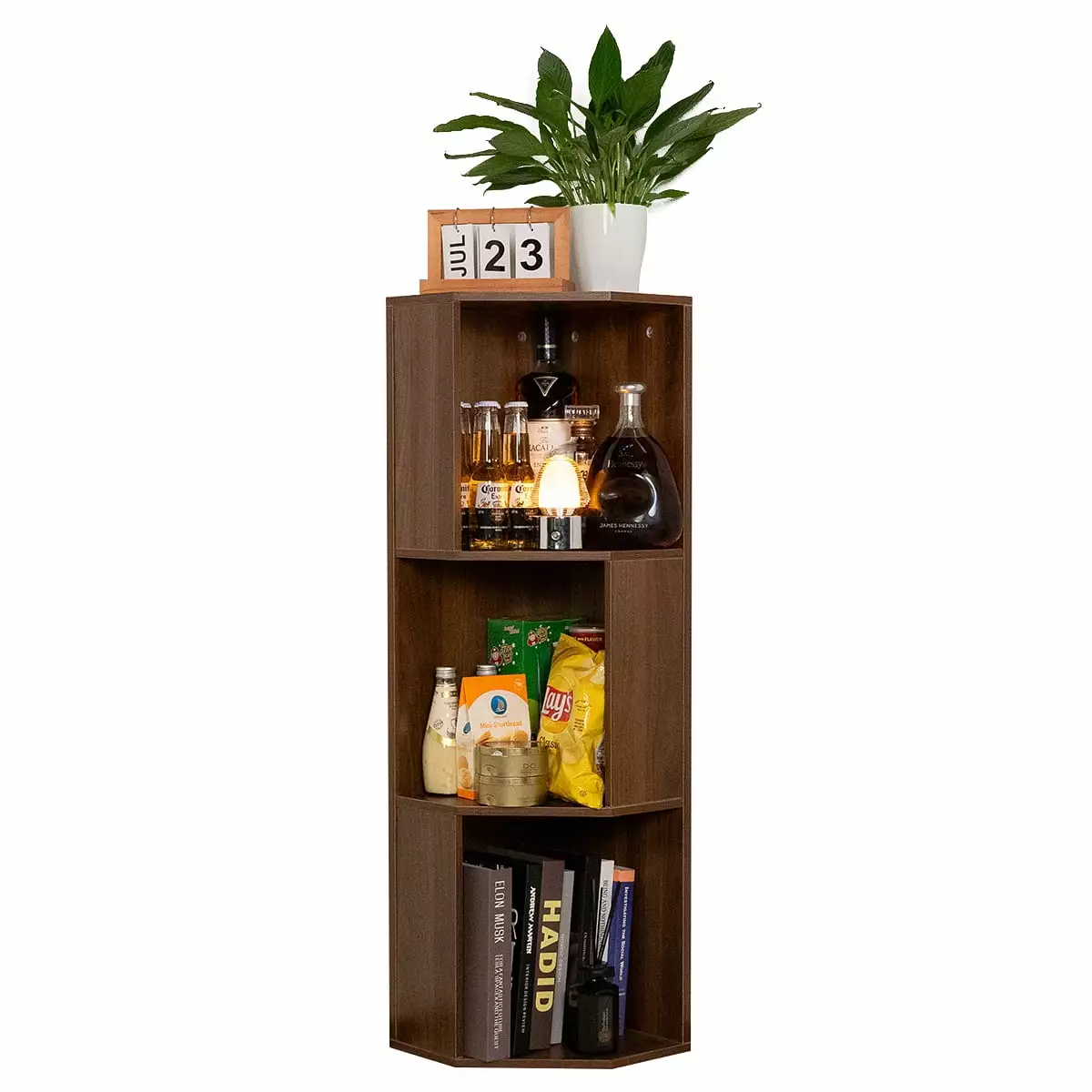 Mid-Century Modern Industrial Corner Bookcase 3-Tier Small Space Storage Shelf YOWOS
