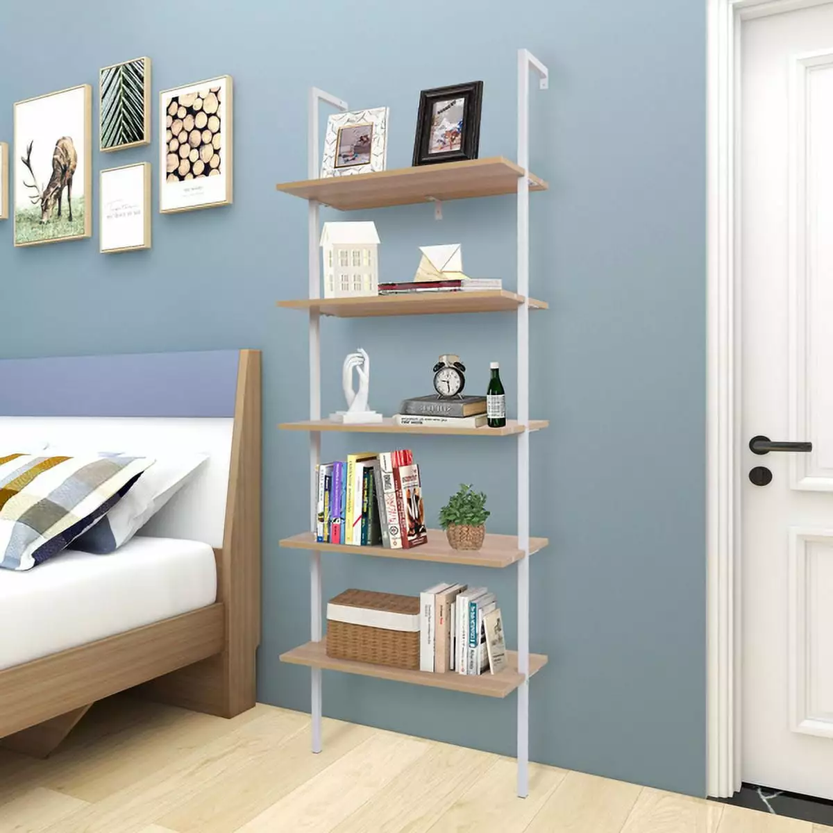 5-Shelf Wood Ladder Bookcase Metal Frame - Industrial 5-Tier Modern Ladder Shelf Walnut Wood Shelves YTTX