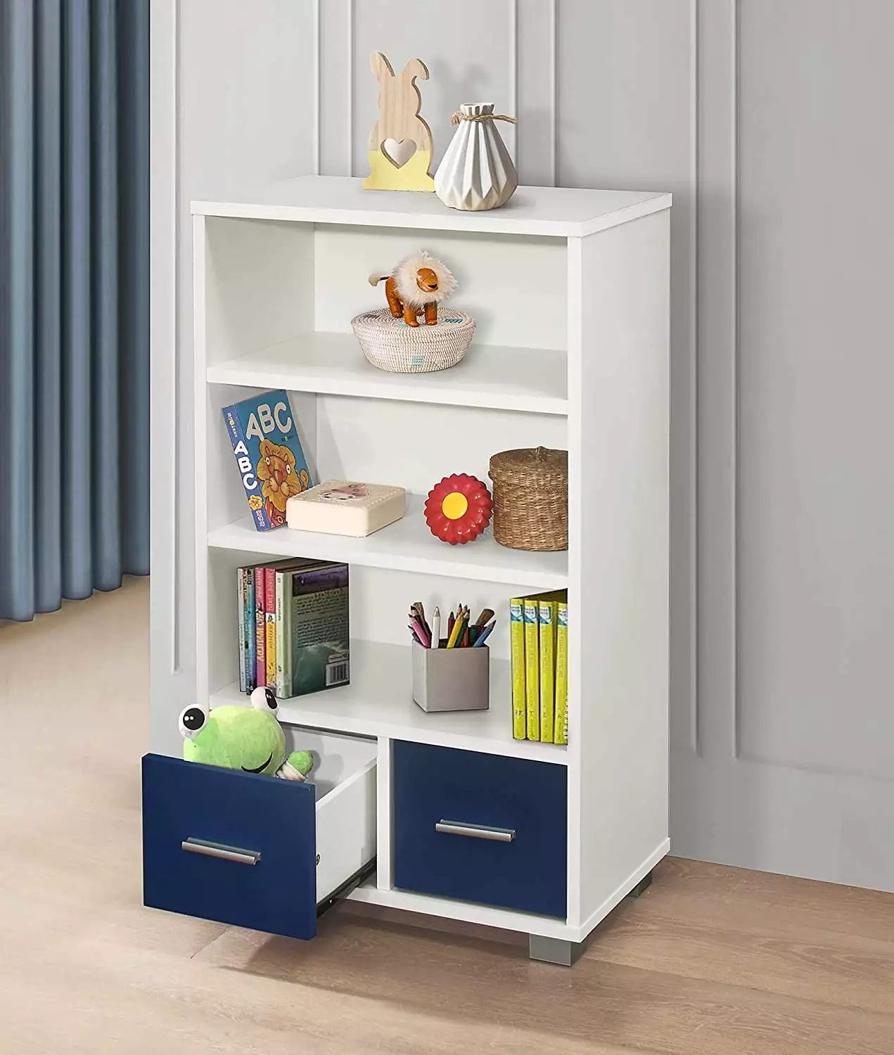 Kids Toy Storage Organizer White Blue Children Bookcase Drawers YZD