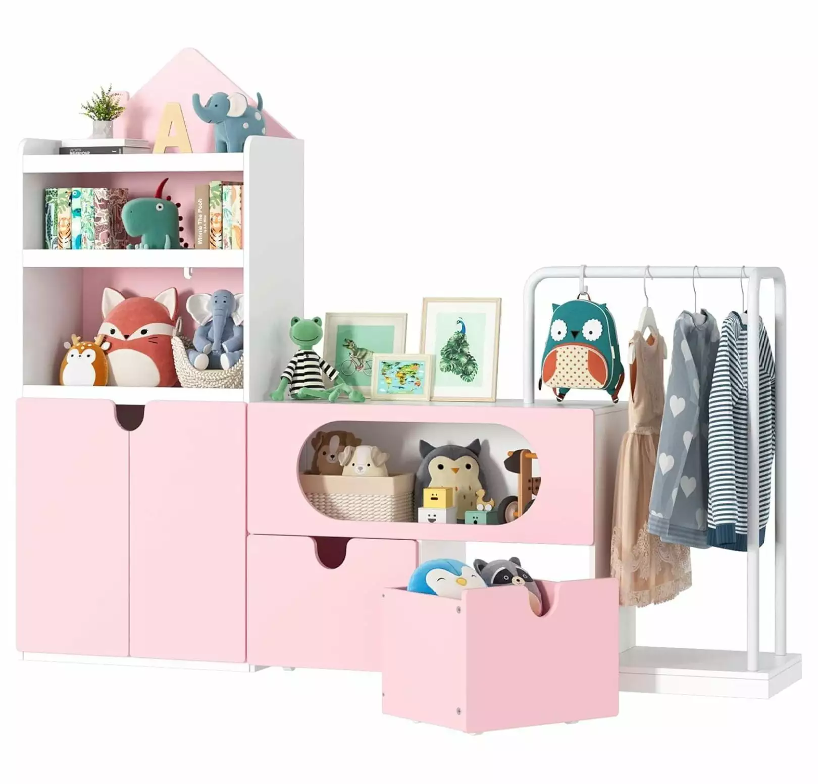 69 Large Toy Storage Organizer Clothes Rack Modular Kids Bookshelf and Toy Storage Two Movable Toy Boxes LoWyiL