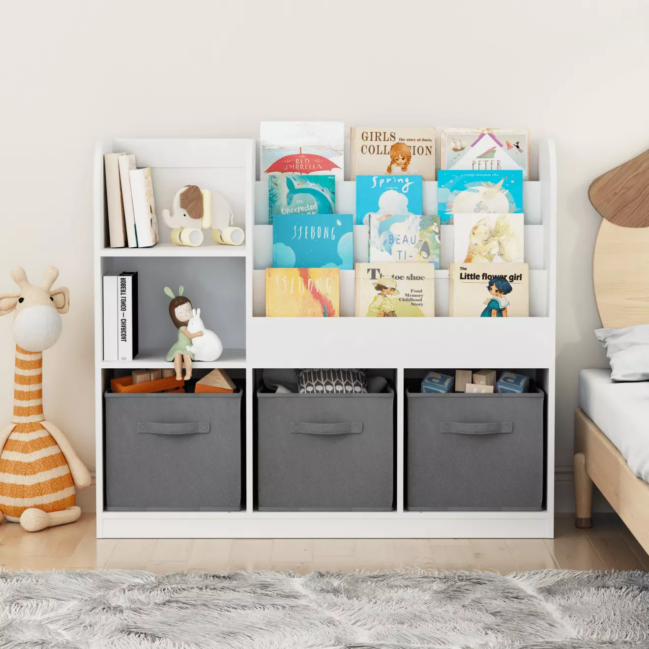 Kids Bookcase and Bookshelf 3 Collapsible Fabric Drawers Toy Storage Organizer Bedroom Playroom Hallway White Gray ARCTICS...