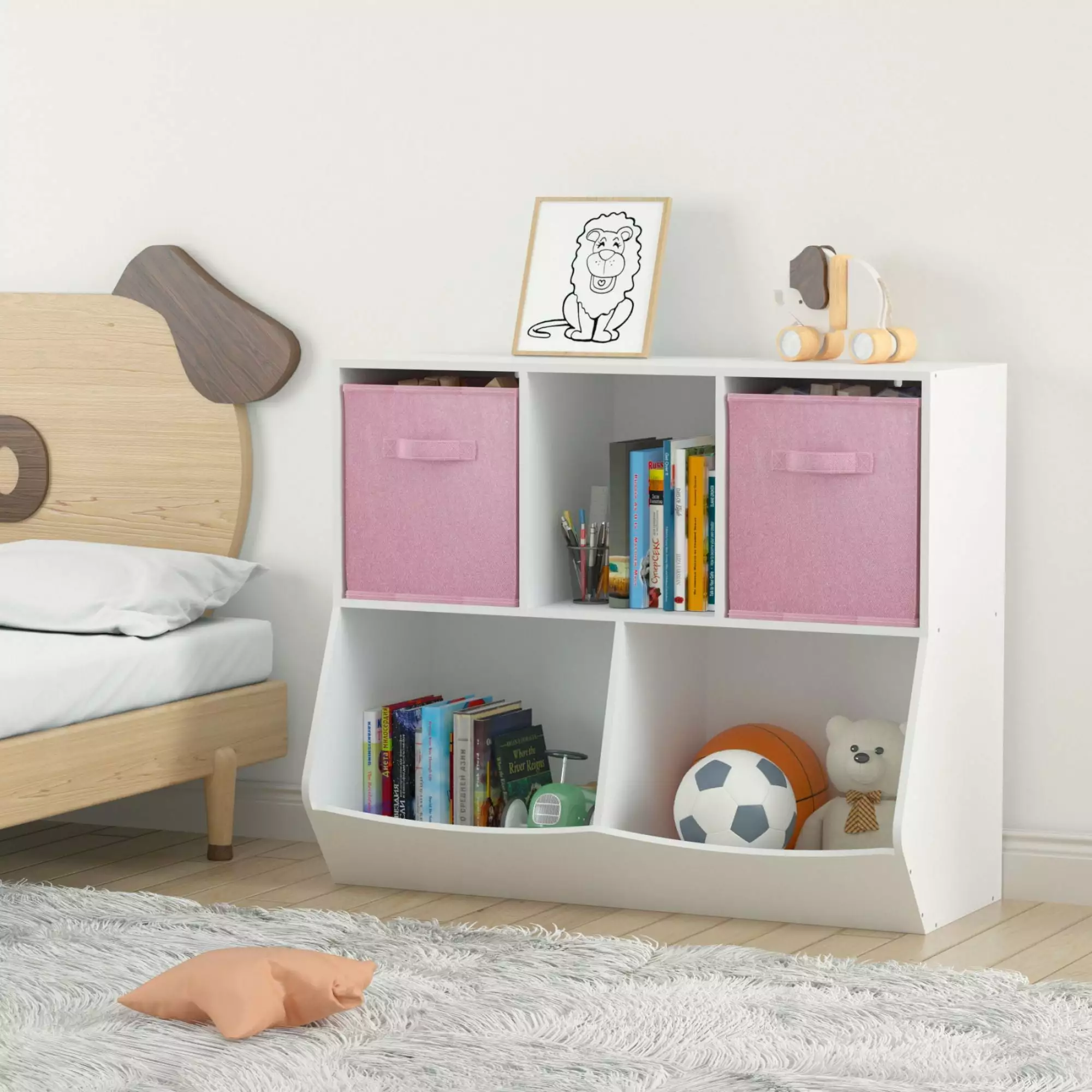 Kids Bookcase Collapsible Fabric Drawers Children's Toy Storage Cabinet Playroom Bedroom White Pink CNCJ