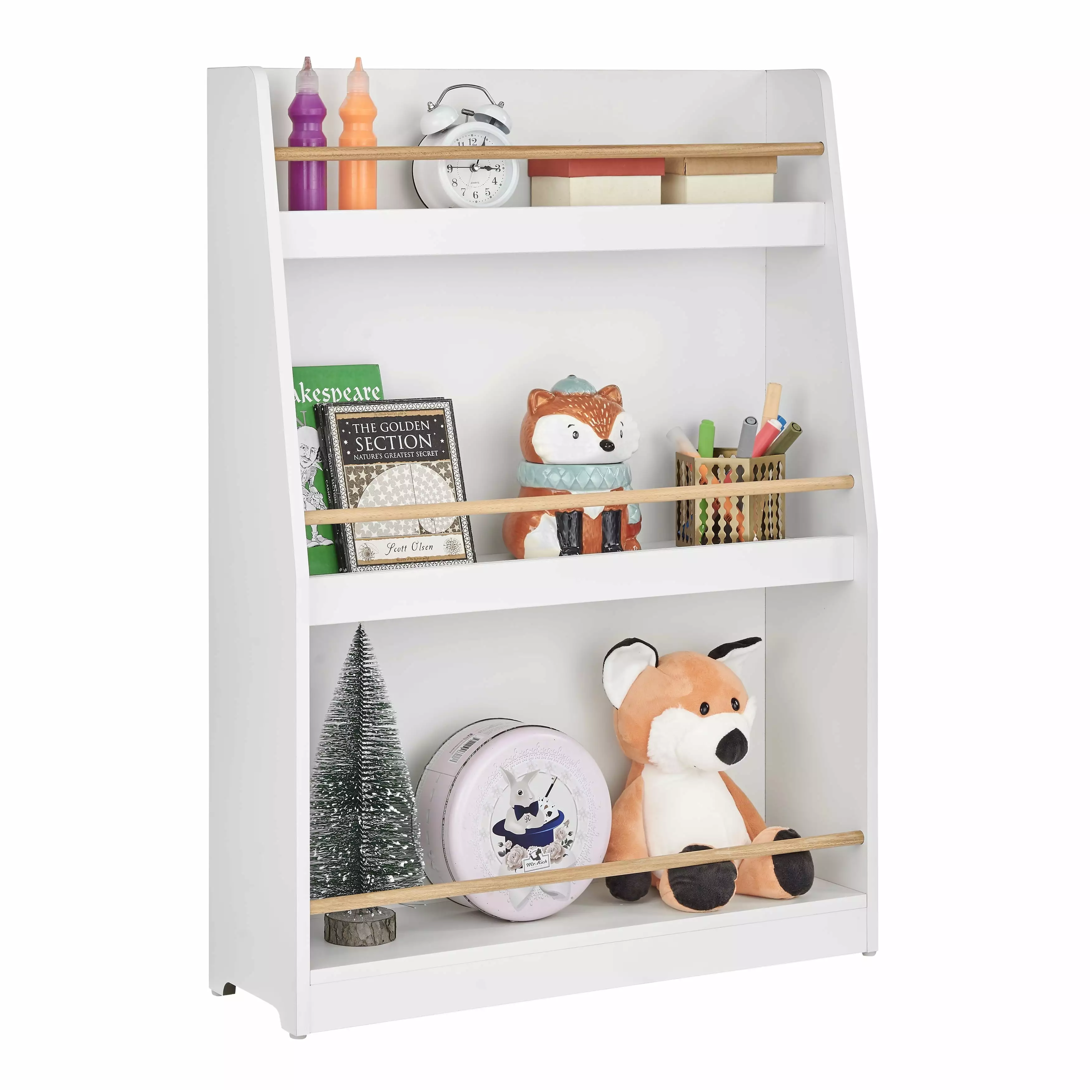 Danya B. Steiner White 3-Tier Kids Book or Magazine Storage Freestanding Bookcase Contrasting Wood-Toned Rods
