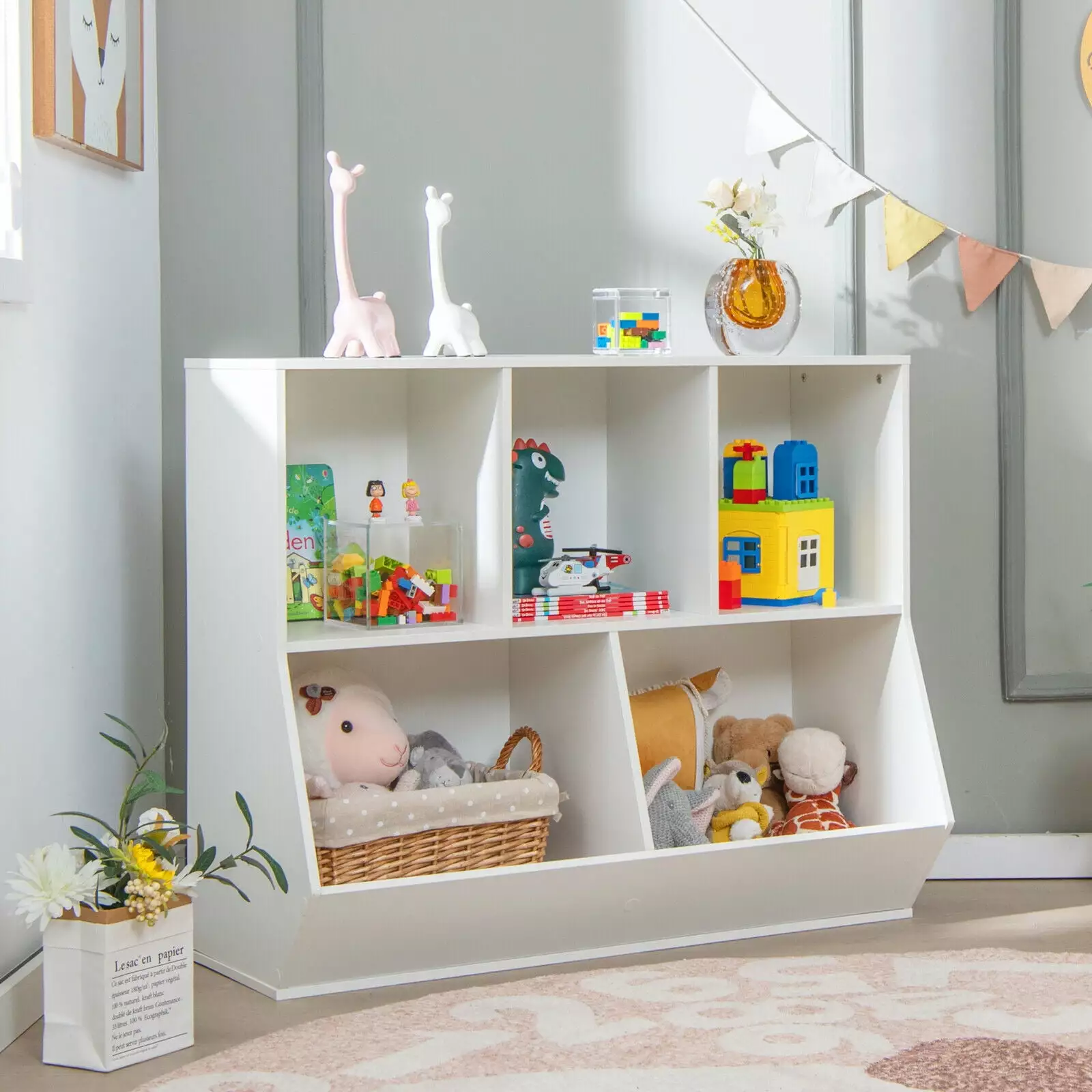 Exdeerjoy 5-Cubby Kids Toy Storage Organizer Wooden Children Bookcase Bookshelf Footboard White