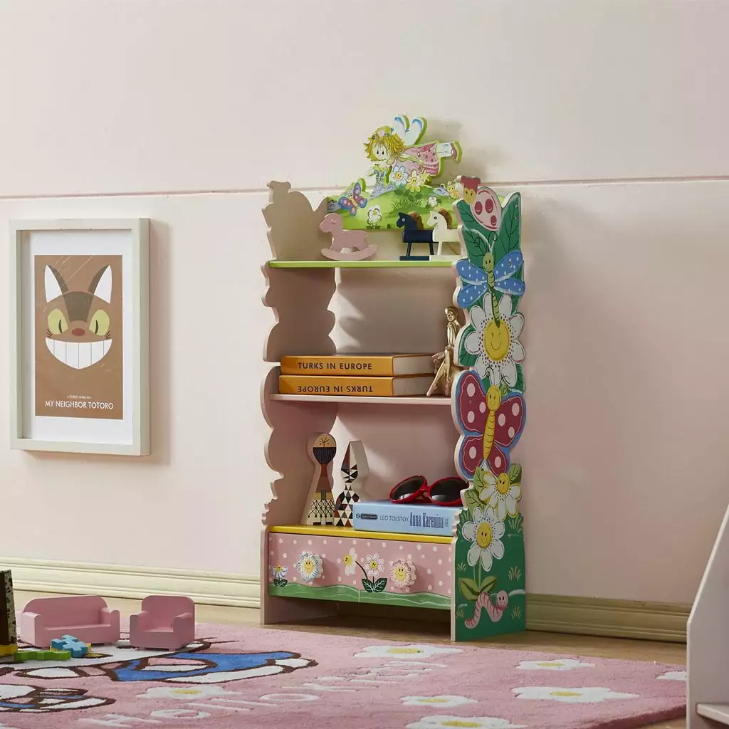 GeeHome Kids Funnel Olivia Fairy Girls Hand Painted 3 Tier Flower Bookcase Drawers