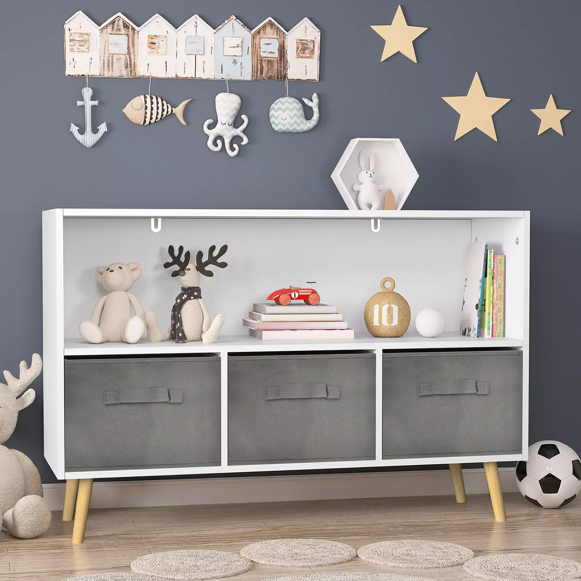Kids Bookcase Collapsible Fabric Drawers White and Gray Toy Storage Organizer Go Green Woods