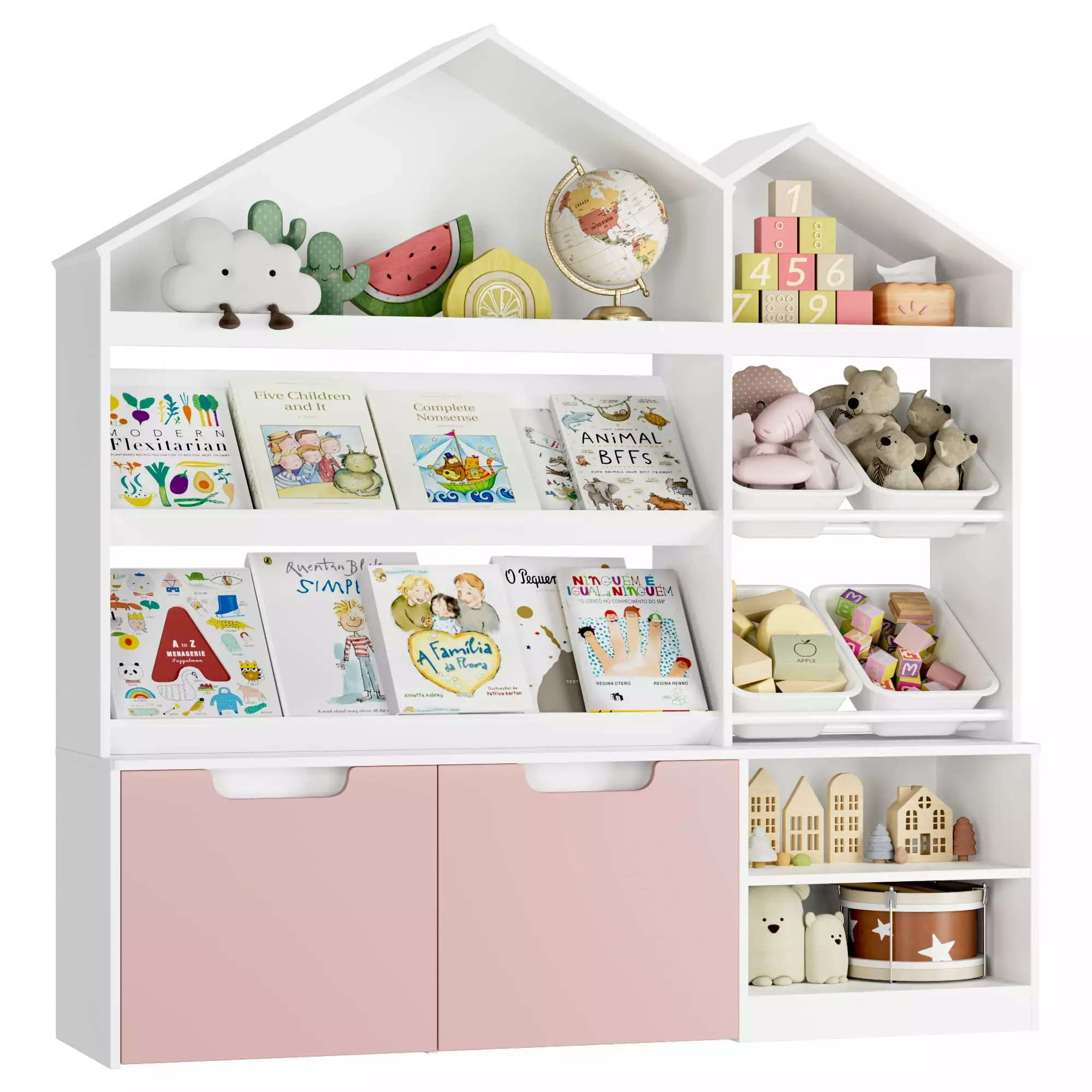 Homfa Kids Bookcase 6 Shelves and 2 Removable Drawers Kids Room Toy Storage Organizer Roof-shaped Top Hmfa
