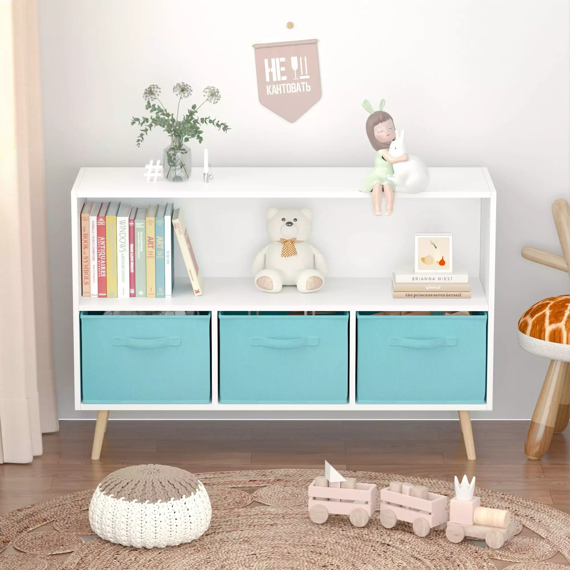 IbayNawi Kids Bookcase Collapsible Fabric Drawers Toy Storage Cabinet Organizer White Blue